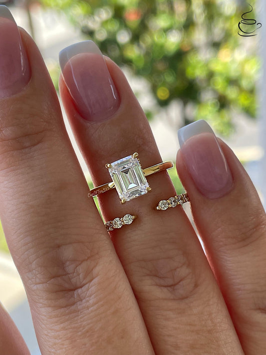 Hidden halo Emerald Cut CZ Engagement Ring Set with open wedding band, Yellow Gold Vermeil Bridal Jewelry