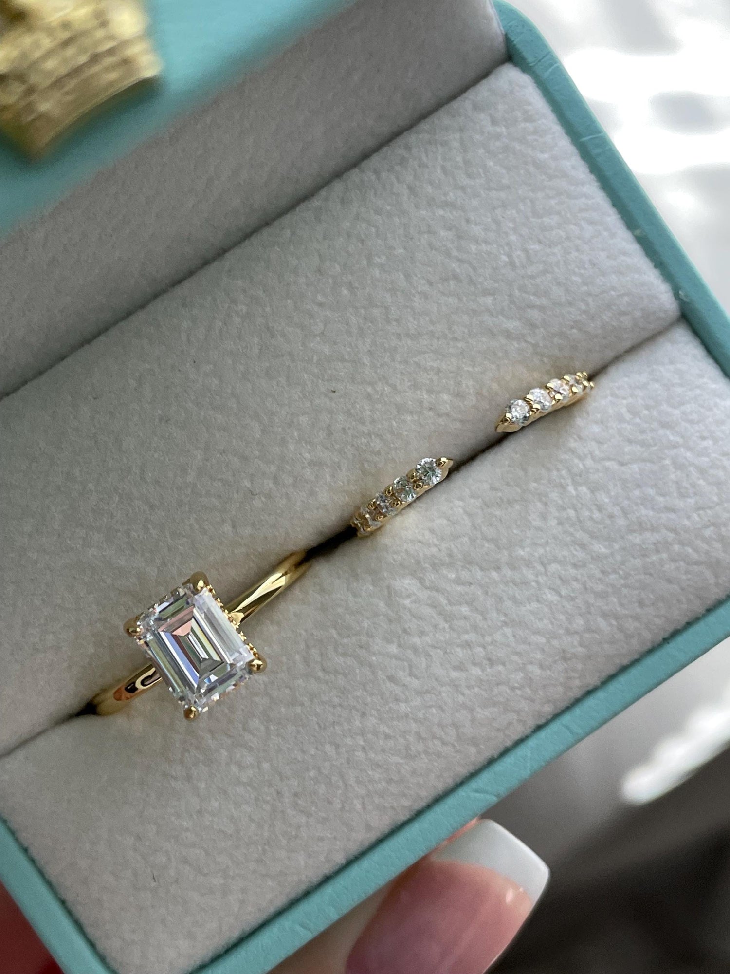 Hidden halo Emerald Cut CZ Engagement Ring Set with open wedding band, Yellow Gold Vermeil Bridal Jewelry