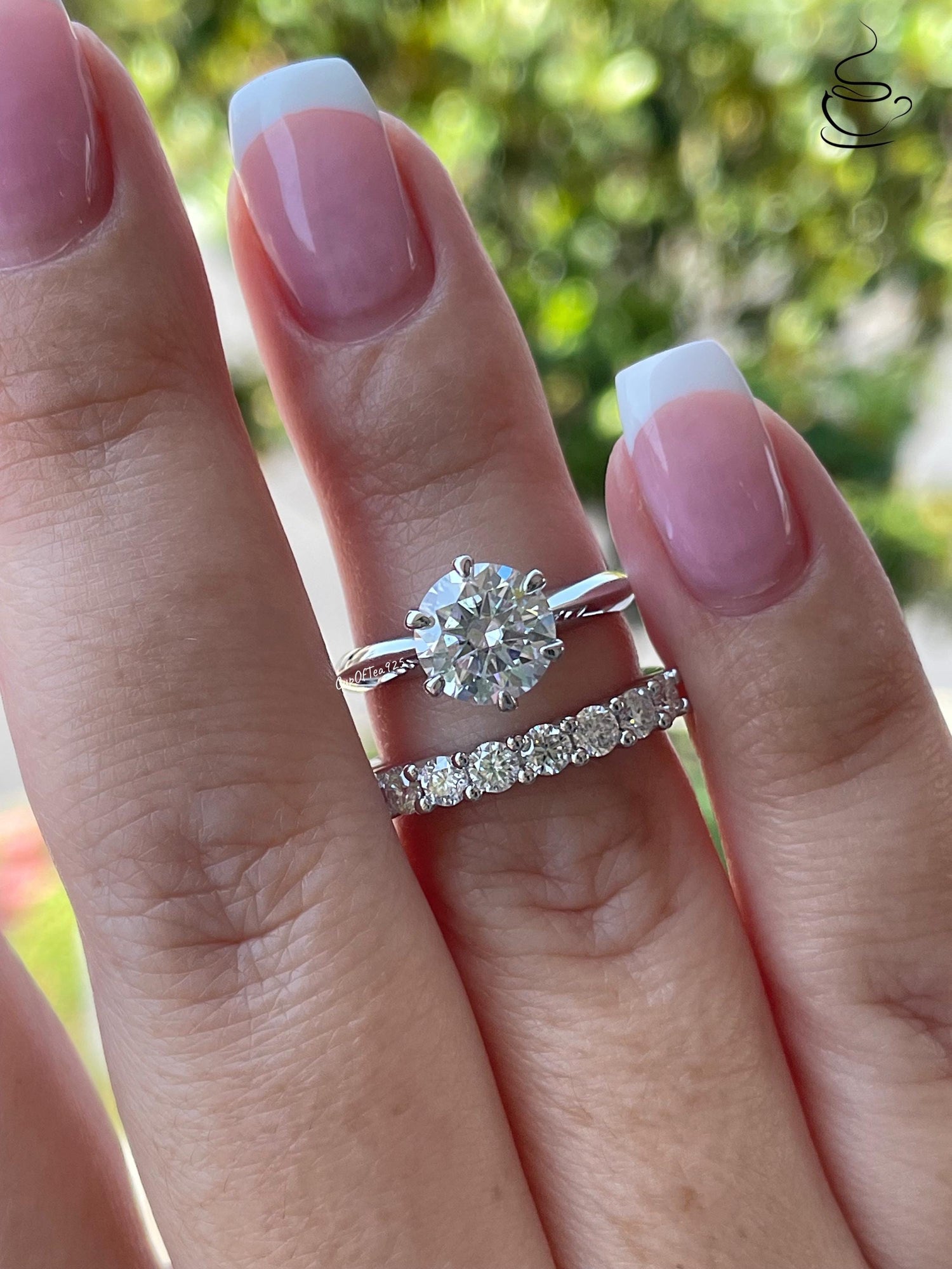 Moissanite engagement ring set. Sterling Silver 925 bridal set with 2CT round cut D VVS moissanite and half eternity Moissanite band