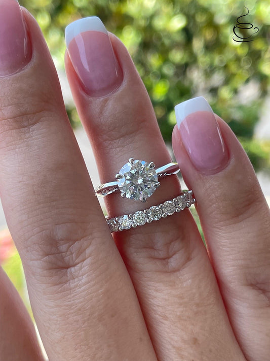 Moissanite engagement ring set. Sterling Silver 925 bridal set with 2CT round cut D VVS moissanite and half eternity Moissanite band