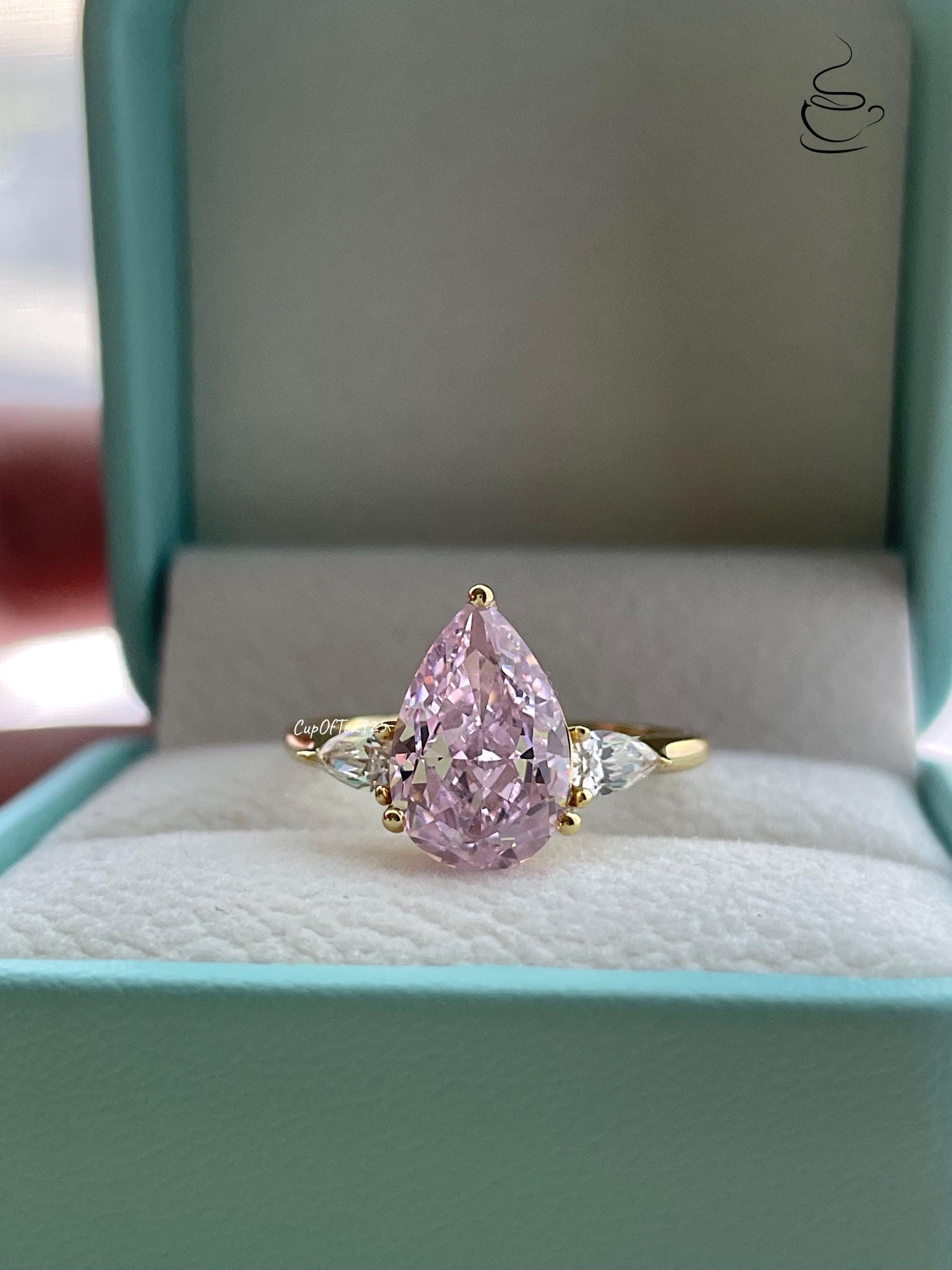 3CT Pink Pear Cut Engagement Ring: Crushed Ice Simulated Diamond, Sterling Silver