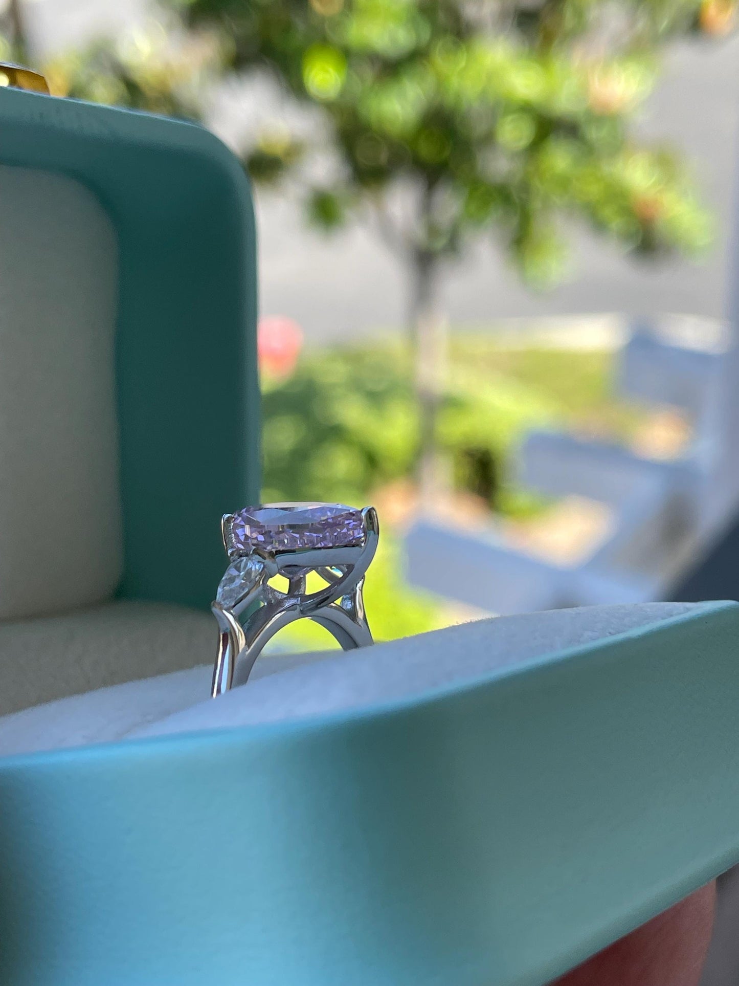 Pear Cut Trinity Engagement Ring: 3CT Crushed Ice Simulated Diamond, Sterling Silver