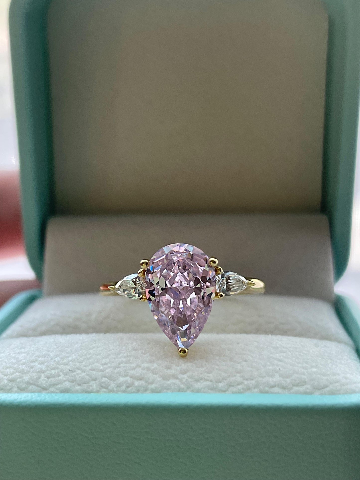 Pear Cut Trinity Engagement Ring: 3CT Crushed Ice Simulated Diamond, Sterling Silver