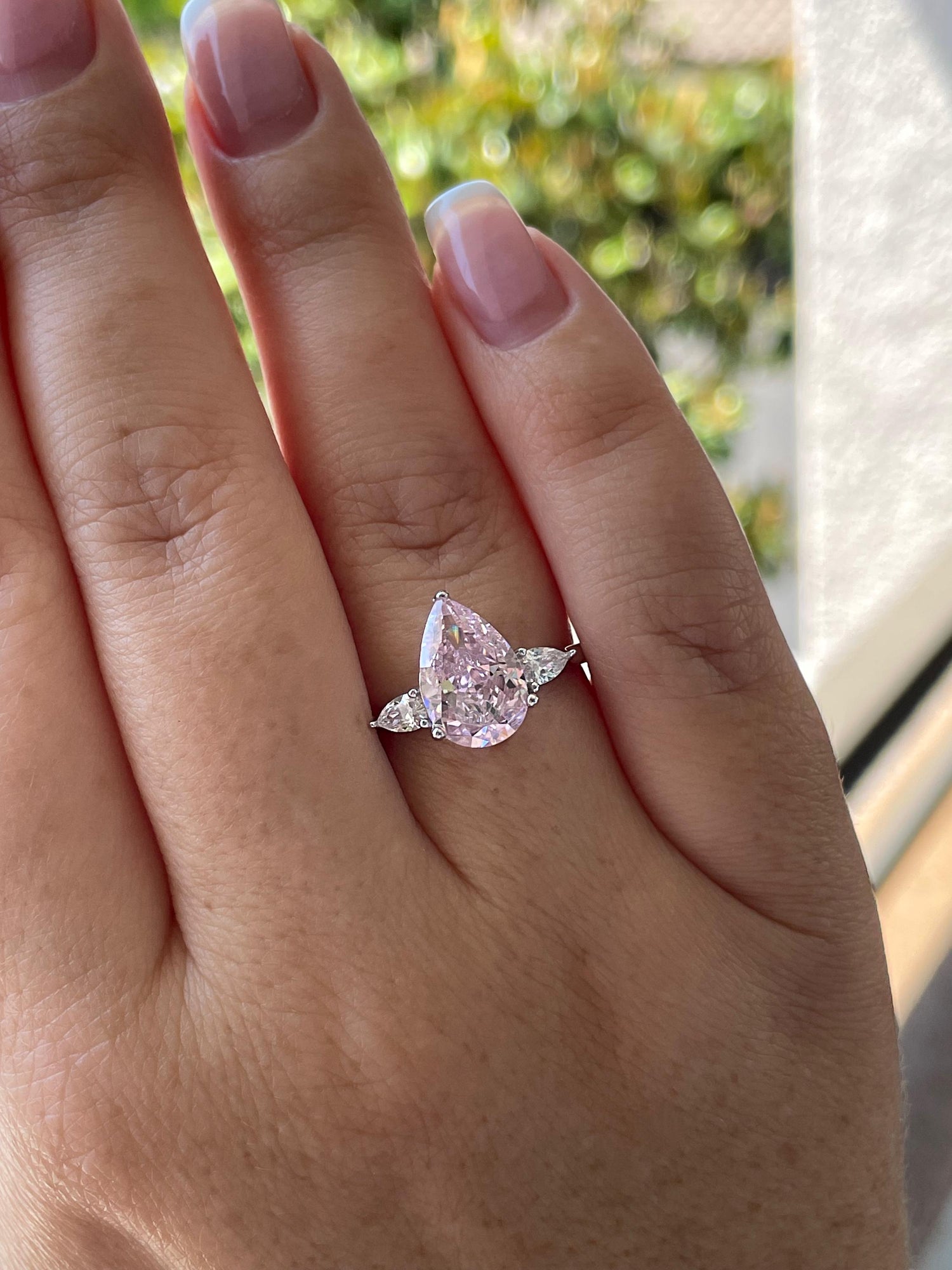 Pear Cut Trinity Engagement Ring: 3CT Crushed Ice Simulated Diamond, Sterling Silver