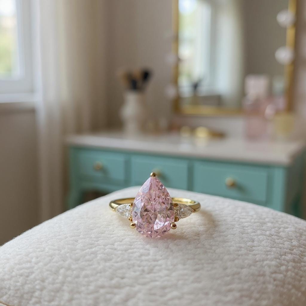 3CT Pink Pear Cut Engagement Ring: Crushed Ice Simulated Diamond, Sterling Silver