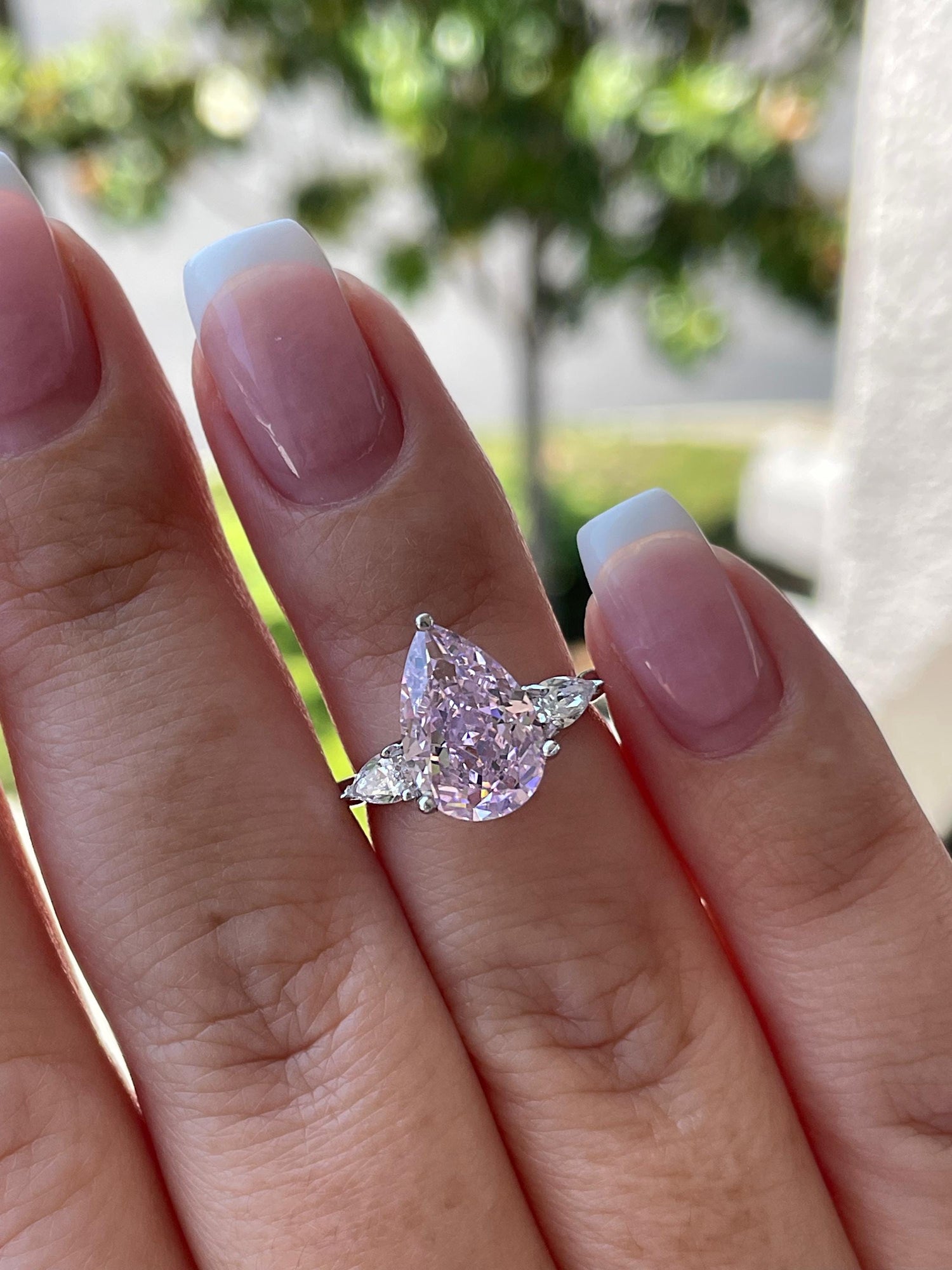Pear Cut Trinity Engagement Ring: 3CT Crushed Ice Simulated Diamond, Sterling Silver