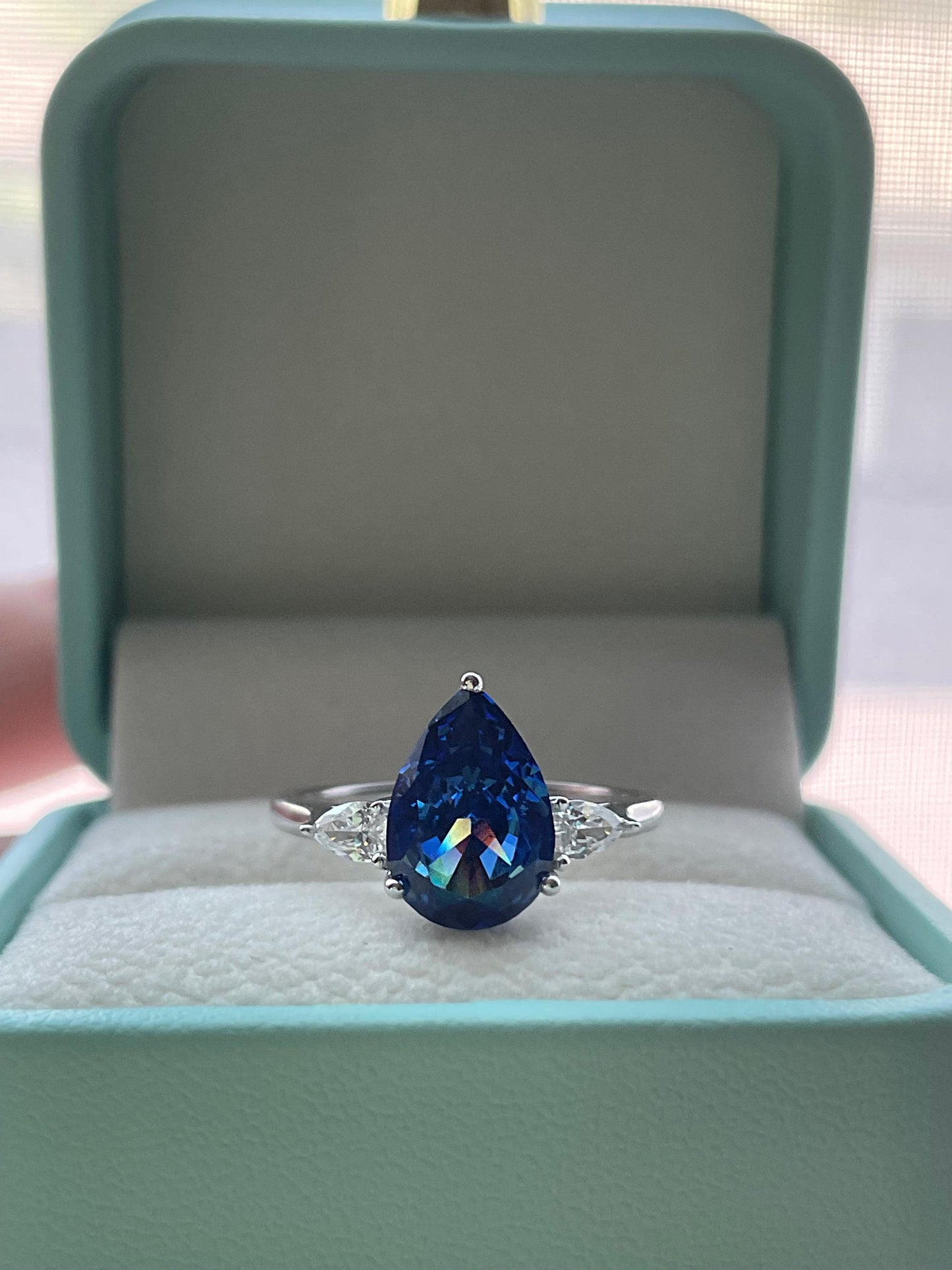 Pear Cut Trinity Engagement Ring: 3CT Crushed Ice Simulated Diamond, Sterling Silver