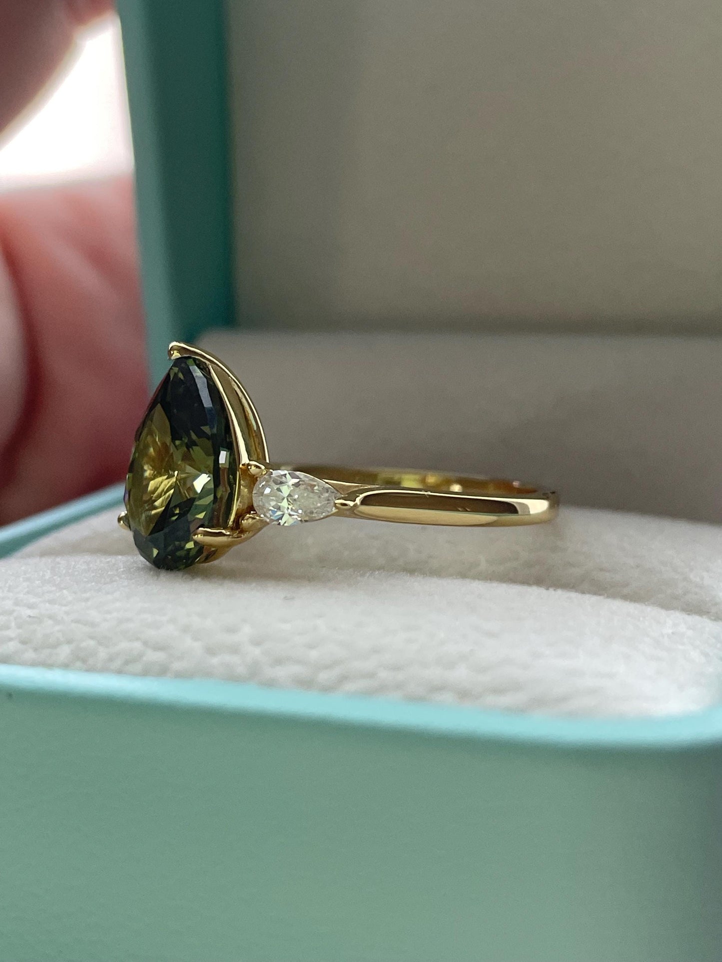 3 Carat Pear cut Olive Green Crushed Ice Simulated Diamond engagement Ring - Sterling Silver 925 , gold vermeil ring, green gemstone ring