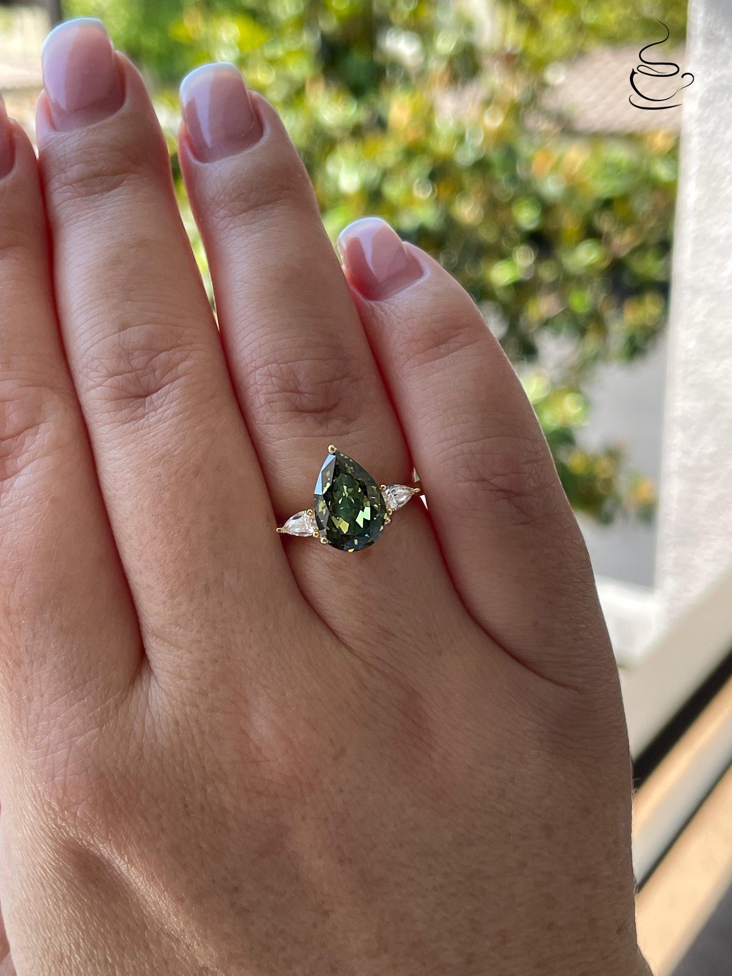 3 Carat Pear cut Olive Green Crushed Ice Simulated Diamond engagement Ring - Sterling Silver 925 , gold vermeil ring, green gemstone ring