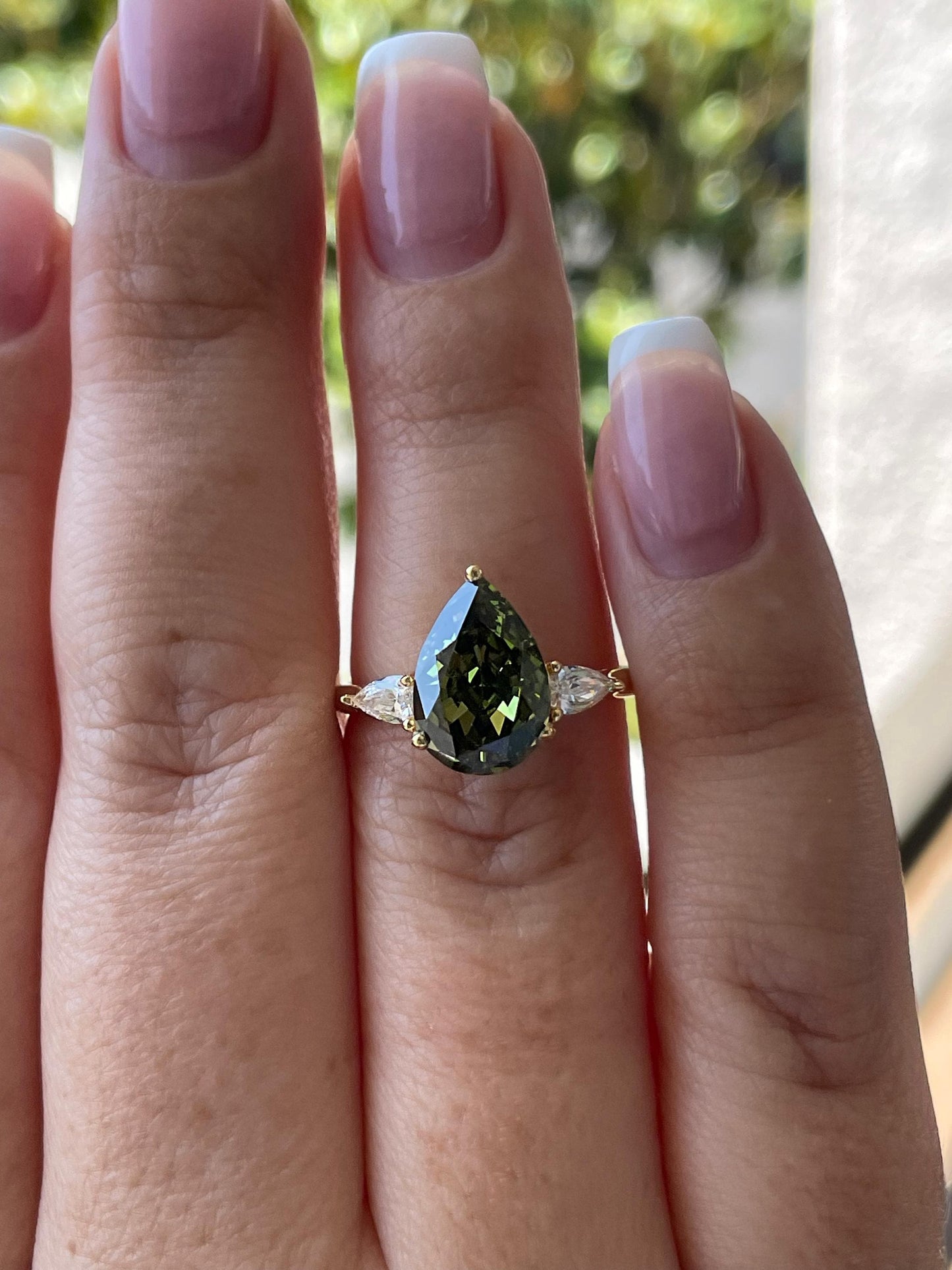 3 Carat Pear cut Olive Green Crushed Ice Simulated Diamond engagement Ring - Sterling Silver 925 , gold vermeil ring, green gemstone ring