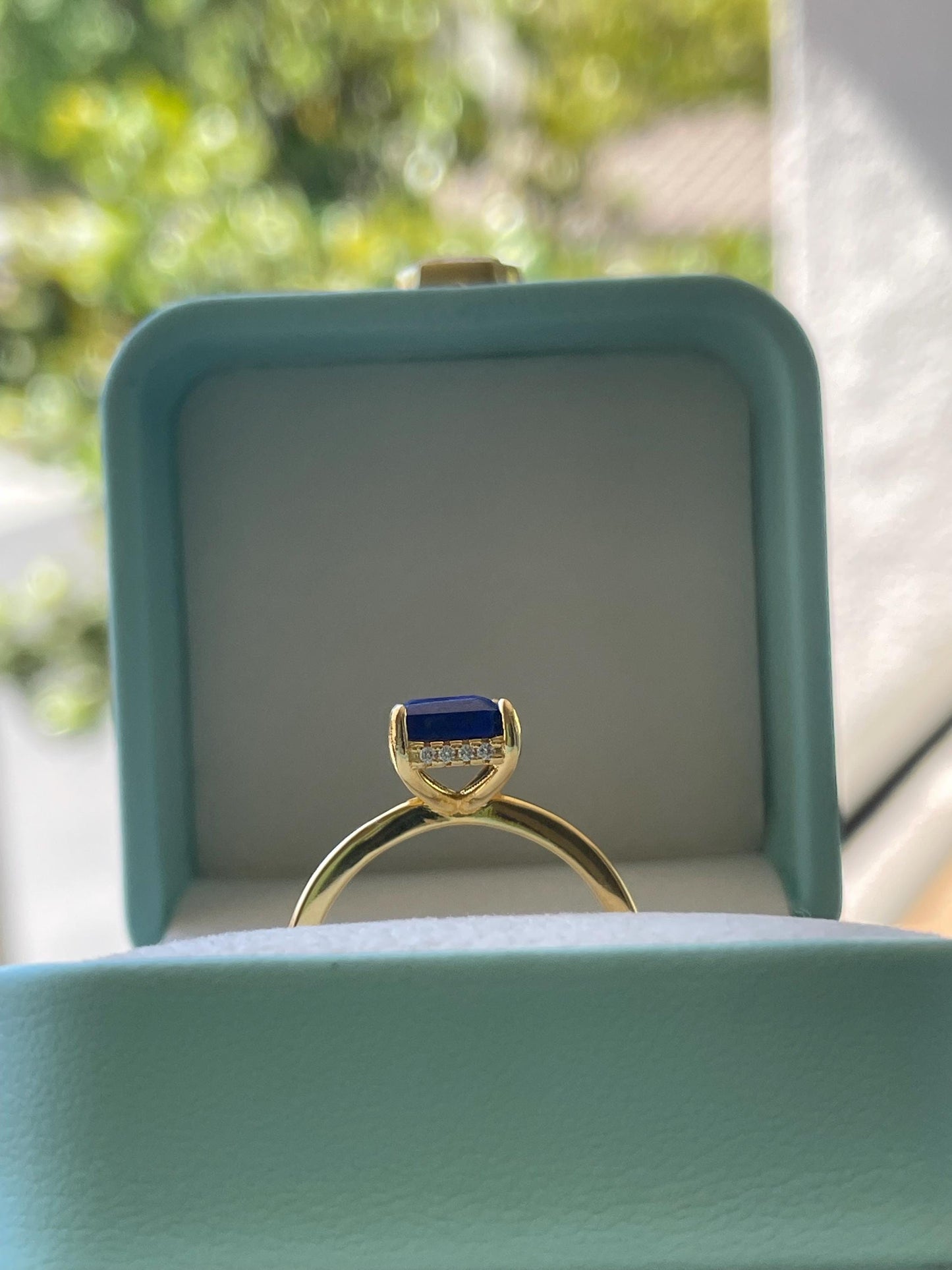Emerald Cut Lapis Lazuli Ring: Yellow Gold Vermeil Sterling Silver, Hidden Halo