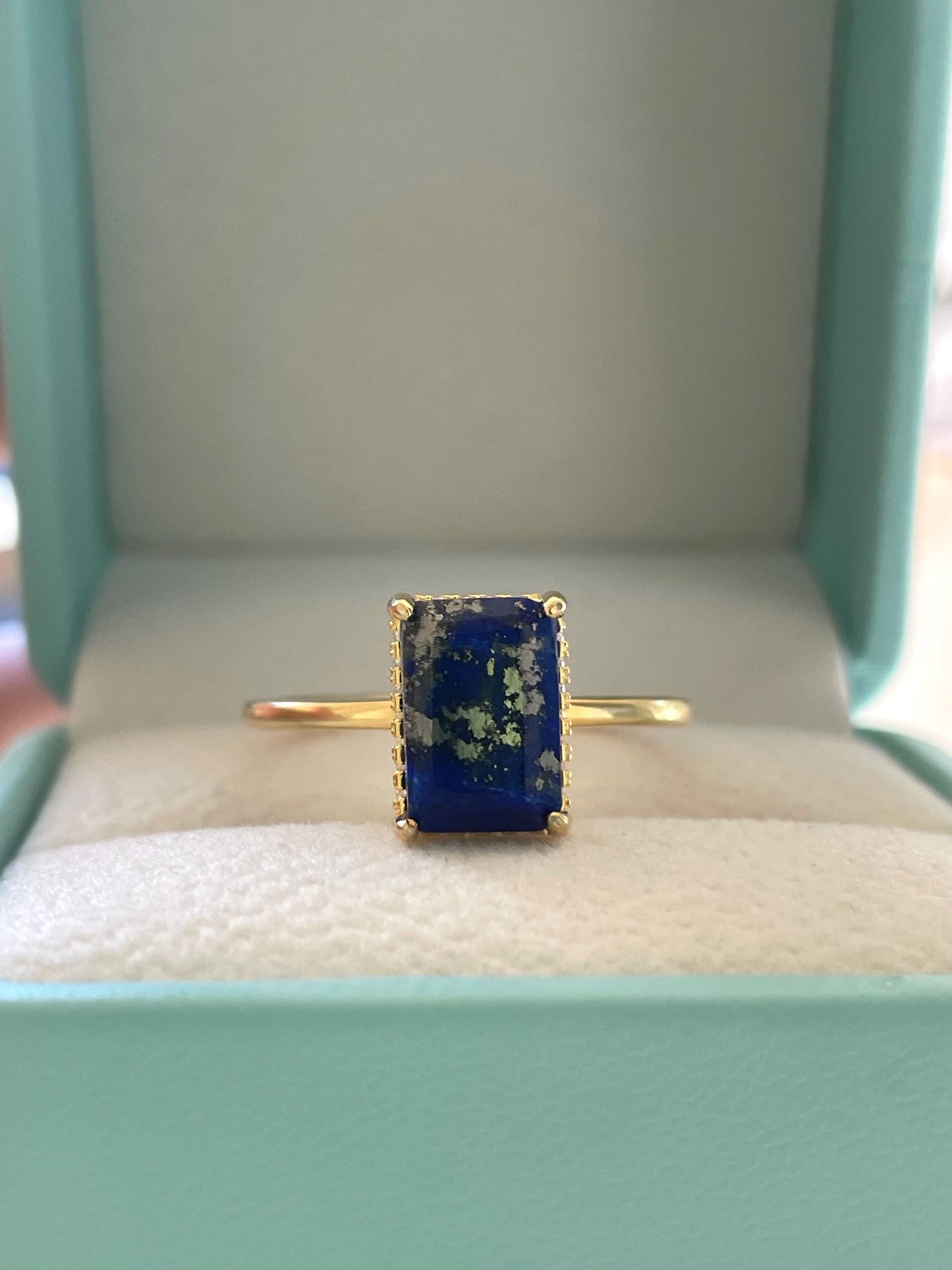 Emerald Cut Lapis Lazuli Ring: Yellow Gold Vermeil Sterling Silver, Hidden Halo