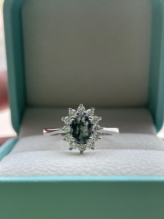 Natural Moss Agate Ring: Sterling Silver Flower Engagement Ring