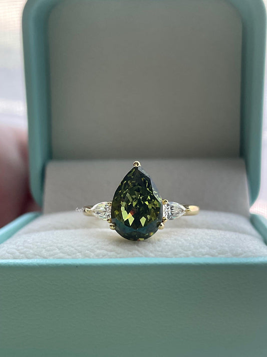 3 Carat Pear cut Olive Green Crushed Ice Simulated Diamond engagement Ring - Sterling Silver 925 , gold vermeil ring, green gemstone ring