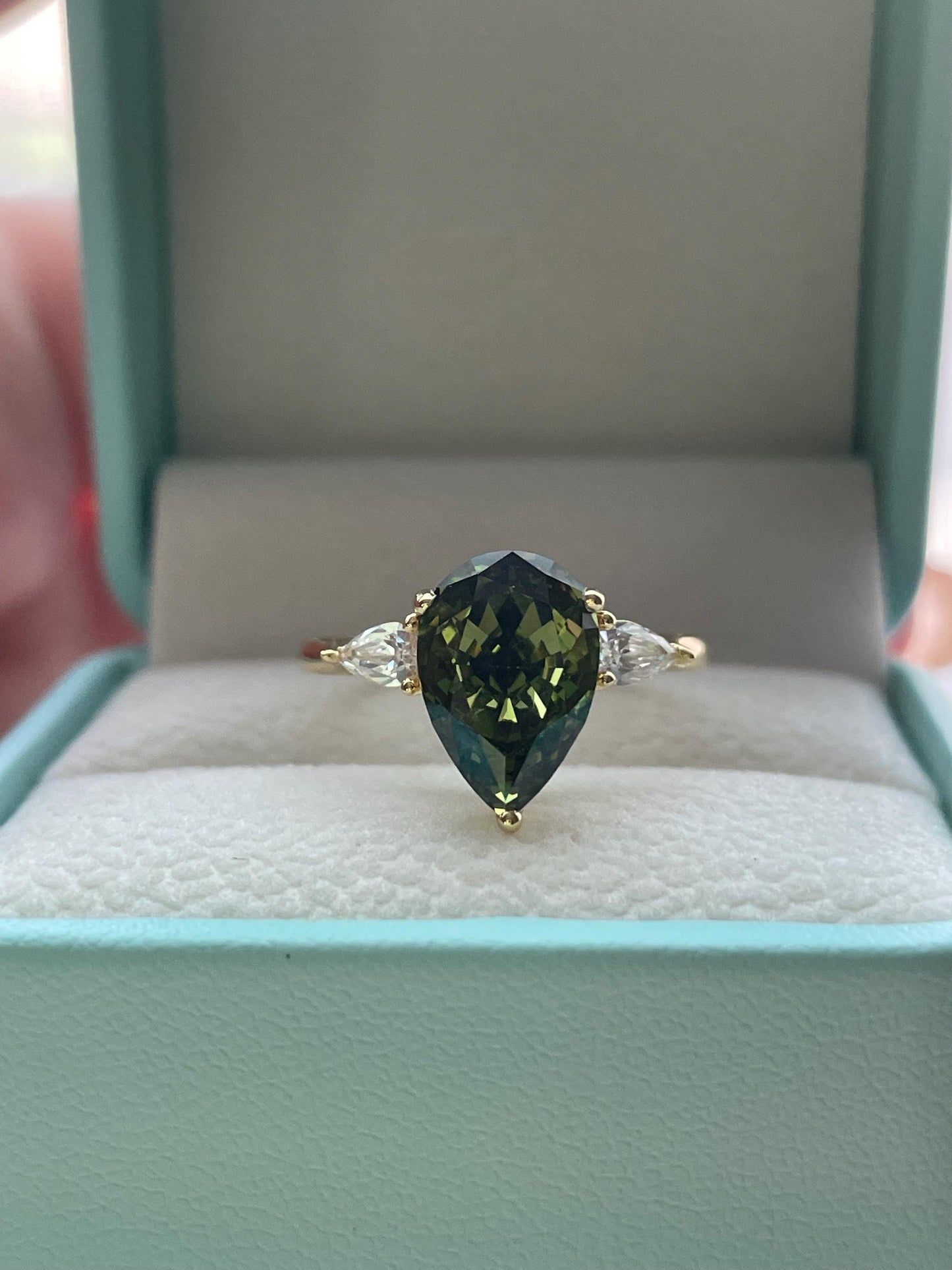 3 Carat Pear cut Olive Green Crushed Ice Simulated Diamond engagement Ring - Sterling Silver 925 , gold vermeil ring, green gemstone ring