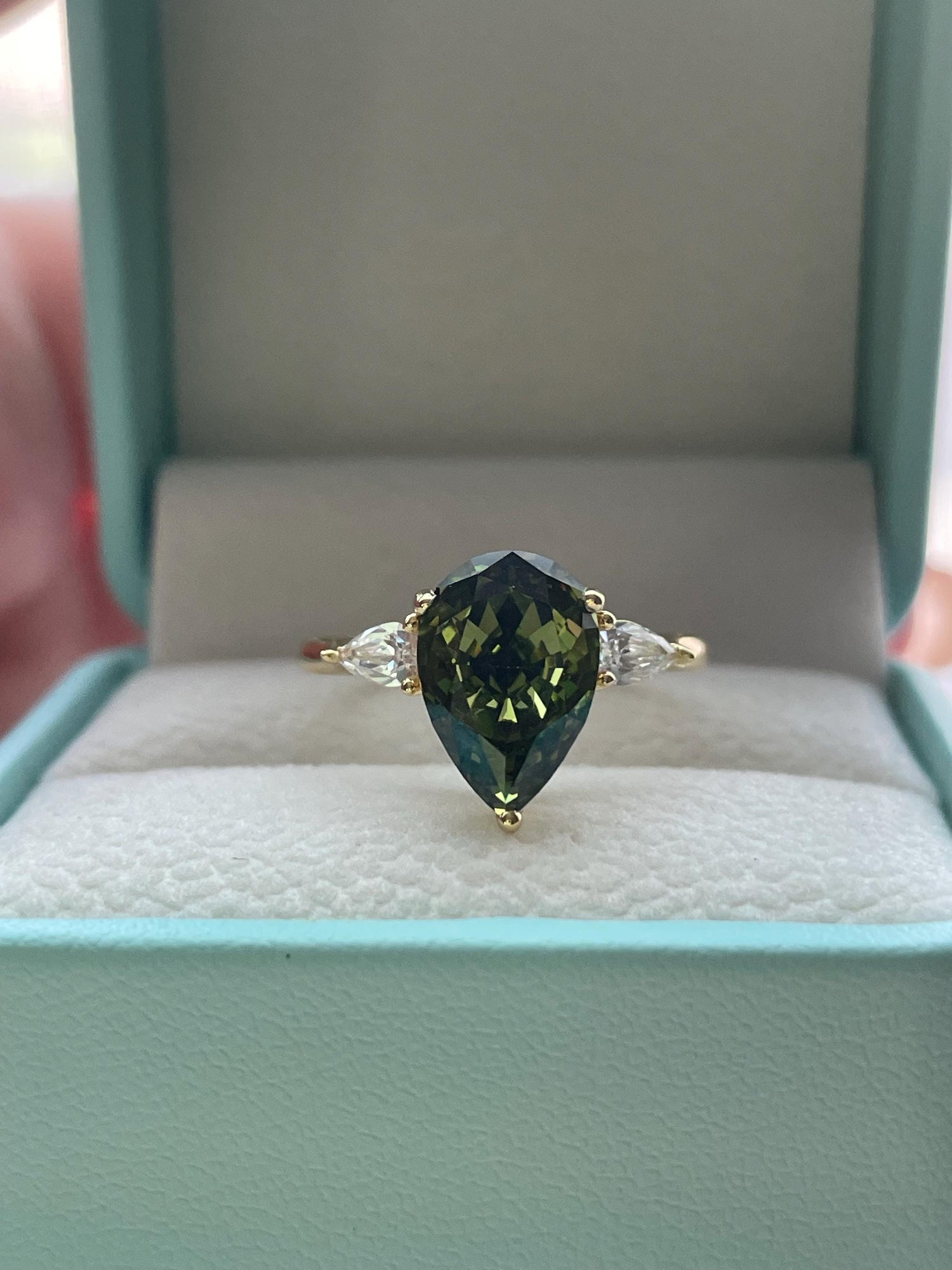 3 Carat Pear cut Olive Green Crushed Ice Simulated Diamond engagement Ring - Sterling Silver 925 , gold vermeil ring, green gemstone ring