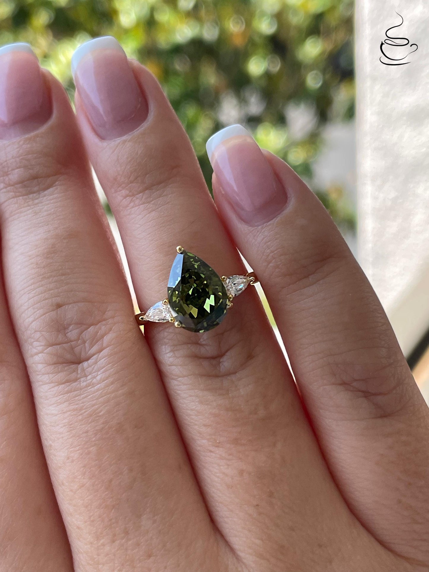 3 Carat Pear cut Olive Green Crushed Ice Simulated Diamond engagement Ring - Sterling Silver 925 , gold vermeil ring, green gemstone ring