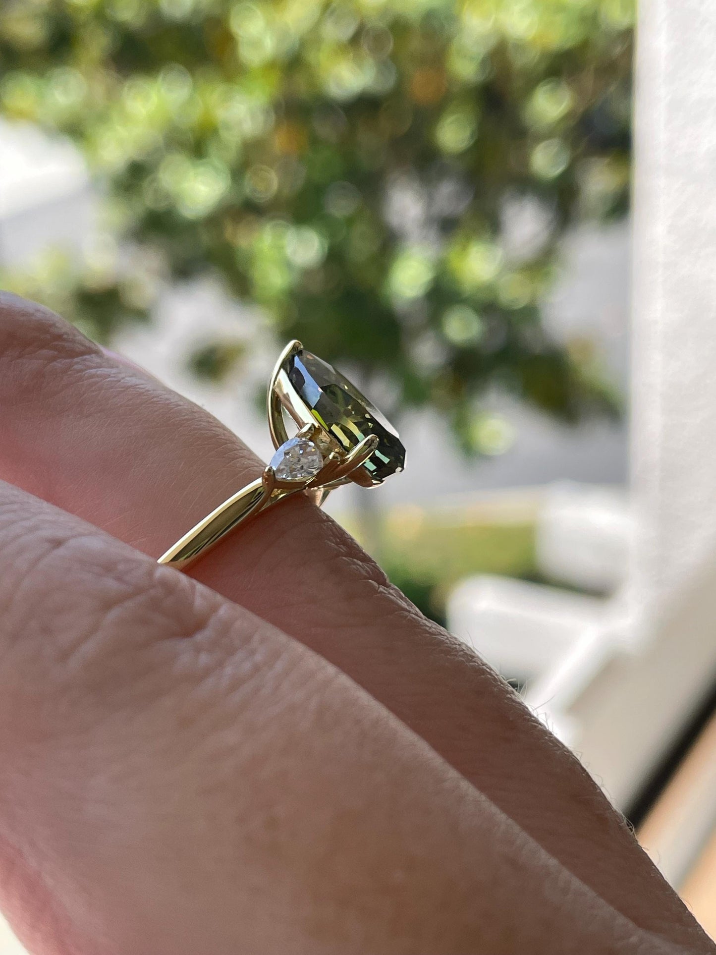 3 Carat Pear cut Olive Green Crushed Ice Simulated Diamond engagement Ring - Sterling Silver 925 , gold vermeil ring, green gemstone ring