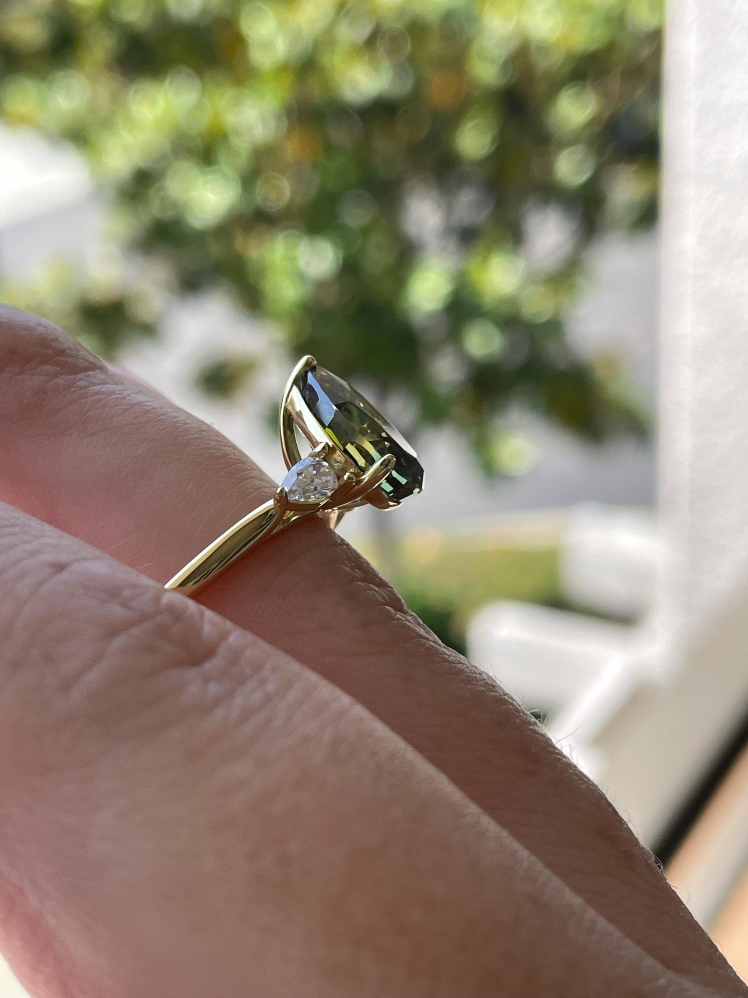 3 Carat Pear cut Olive Green Crushed Ice Simulated Diamond engagement Ring - Sterling Silver 925 , gold vermeil ring, green gemstone ring