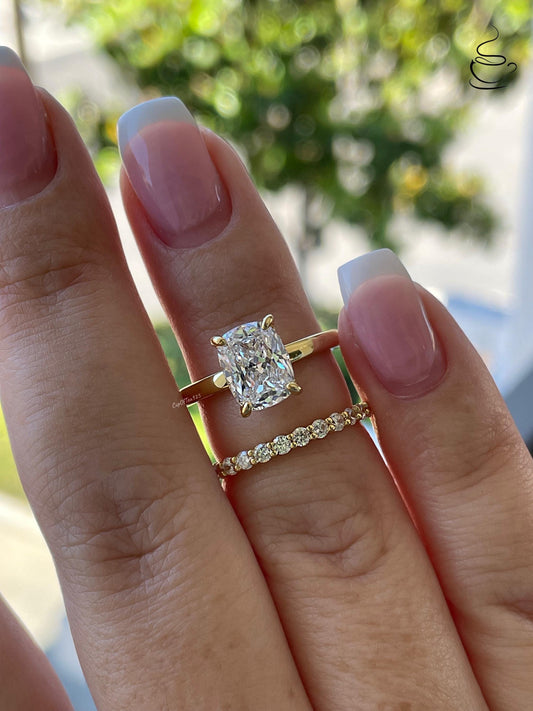 Yellow Gold, White gold over Sterling Silver 925 Bridal Set with 2.5 Elongated CZ Cushion Cut engagement ring and half eternity band.