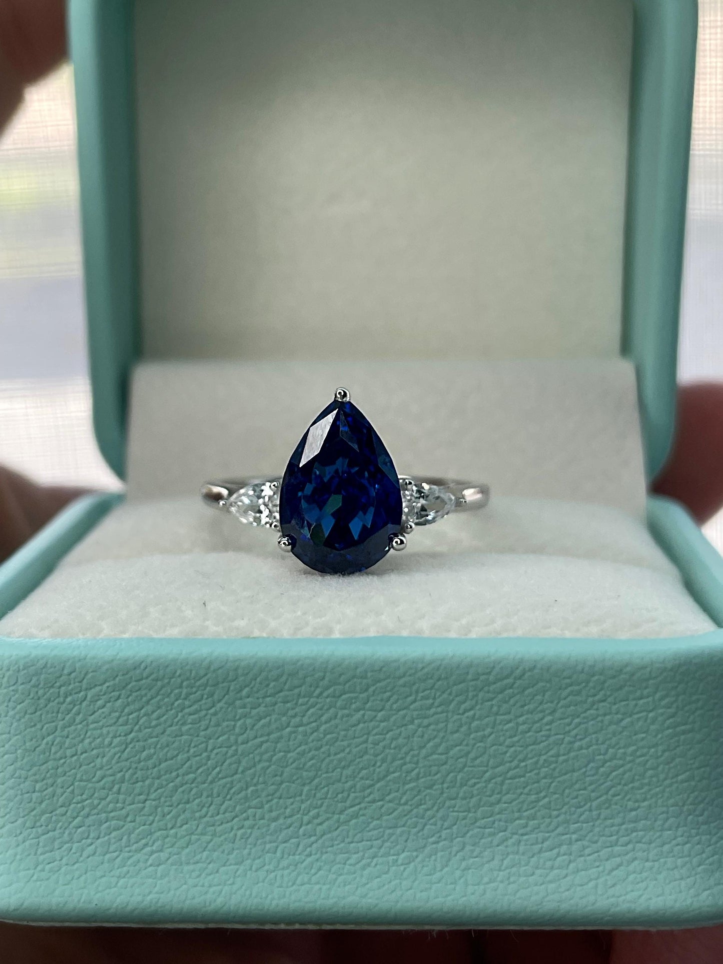 New In! 3 carat crushed ice simulated blue sapphire pear shaped engagement ring in silver 925, yellow gold vermeil ring, gift for her