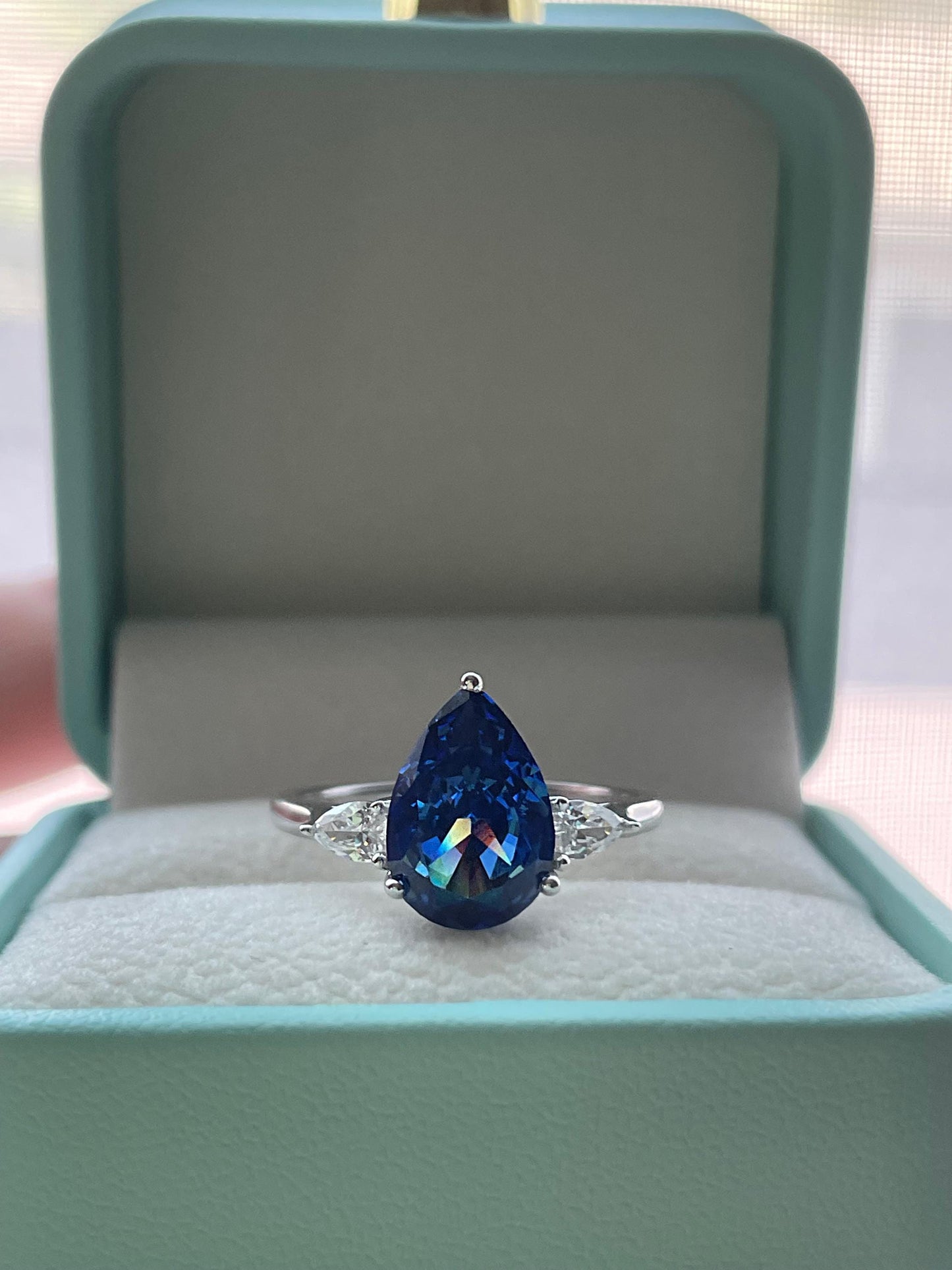 New In! 3 carat crushed ice simulated blue sapphire pear shaped engagement ring in silver 925, yellow gold vermeil ring, gift for her