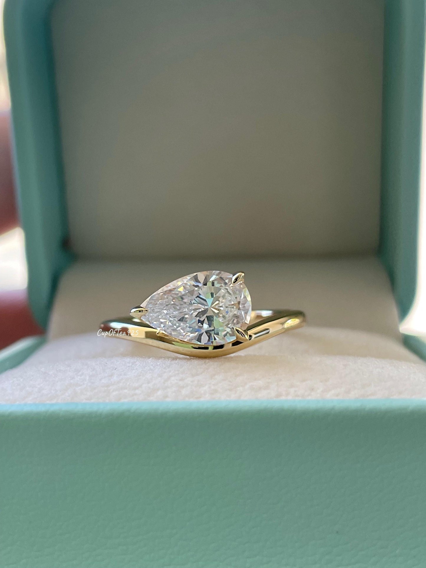 East-West Pear Cut Sterling Silver Engagement Ring - Yellow Gold Vermeil pear shaped ring, friendship ring, pinky ring