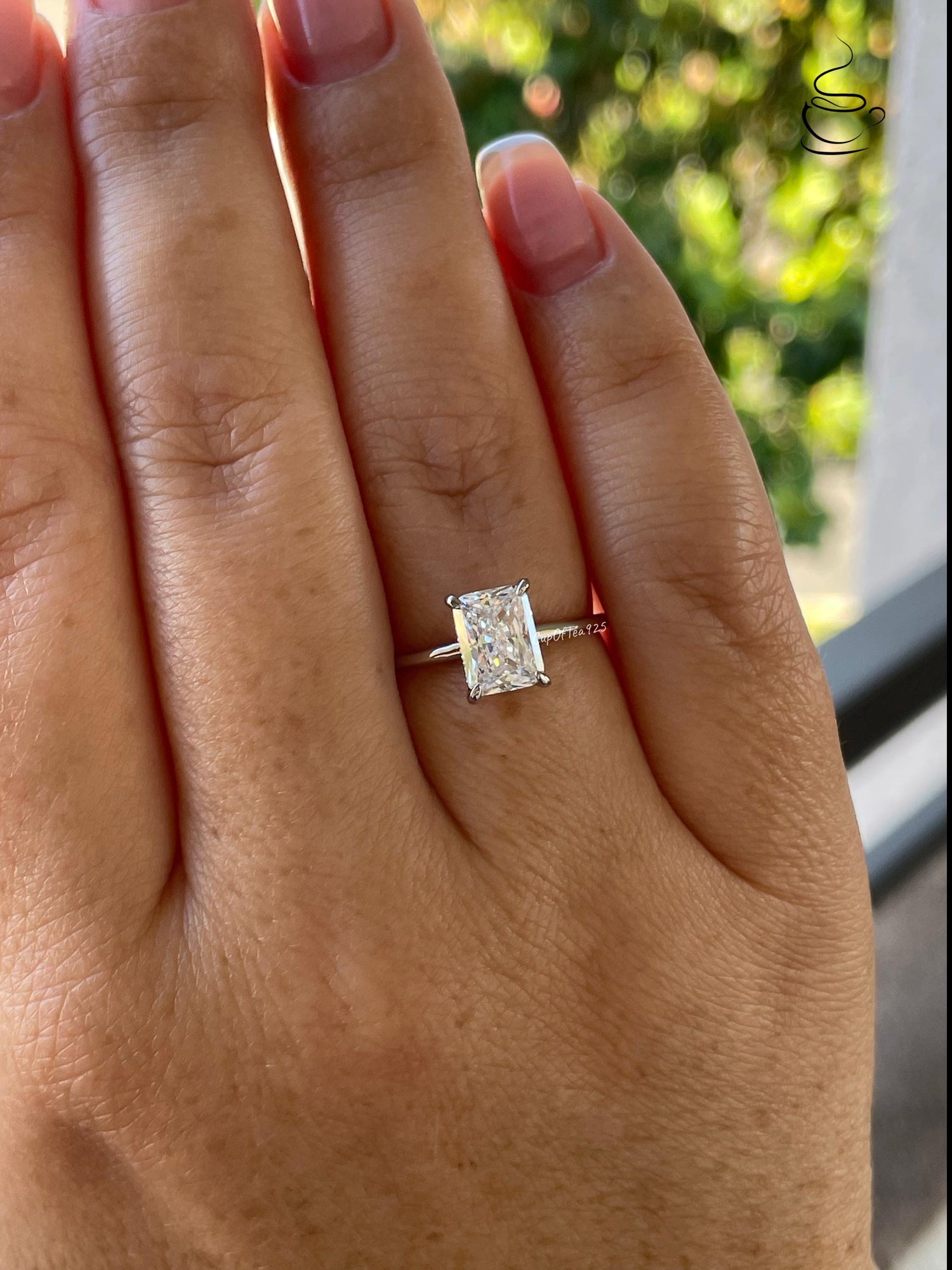 Hidden Halo. Yellow gold vermeil, Sterling Silver 925 engagement ring with 2CT 3CT radiant cut and hidden halo, radiant cut ring