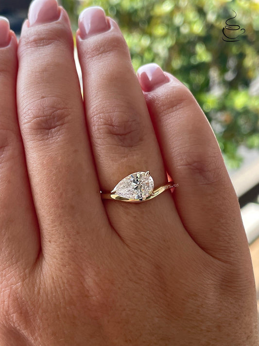 East-West Pear Cut Sterling Silver Engagement Ring - Yellow Gold Vermeil pear shaped ring, friendship ring, pinky ring