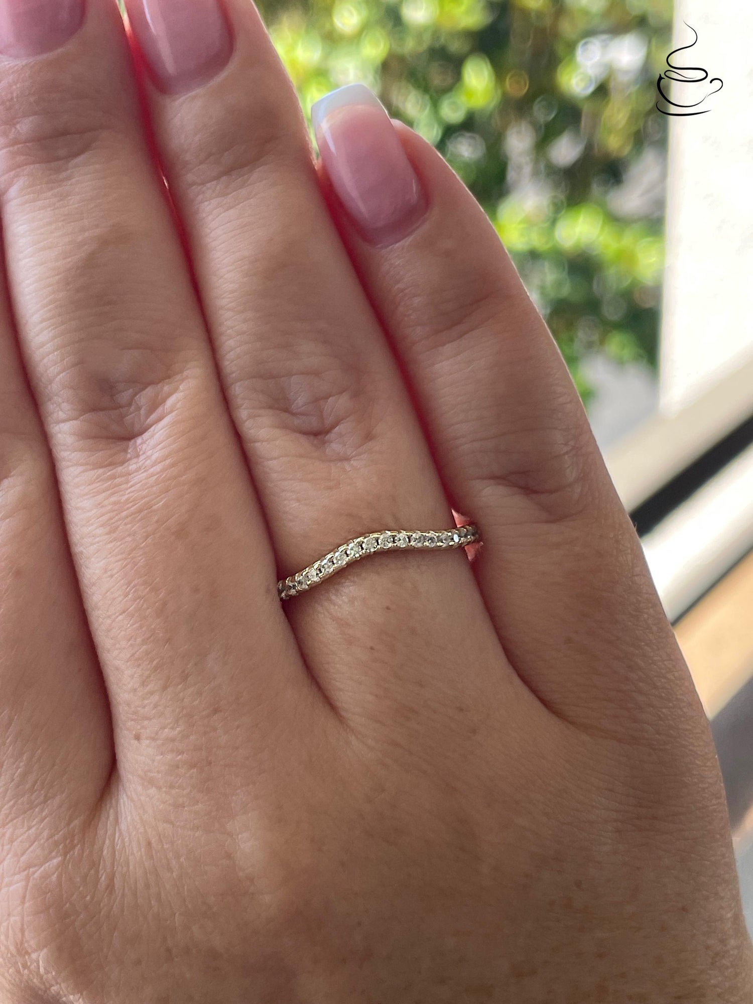 Curved CZ Diamond Stacking Band, Yellow Gold over Sterling Silver wedding band