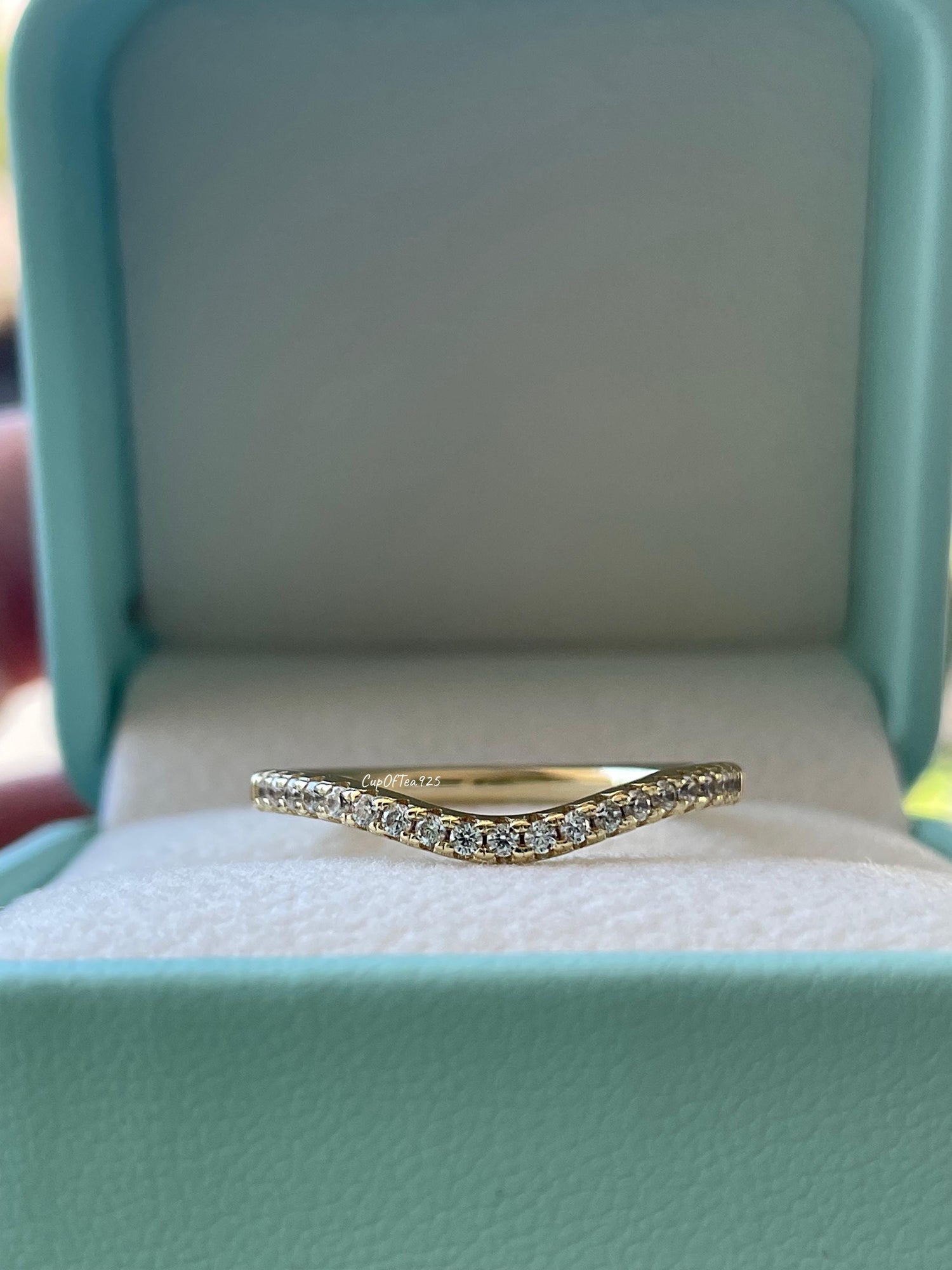 Curved CZ Diamond Stacking Band, Yellow Gold over Sterling Silver wedding band