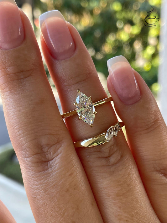 Marquise Cut CZ simulated Diamond bridal Set, Yellow Gold Vermeil Sterling Silver Engagement Ring set with 1.5CT marquise cut