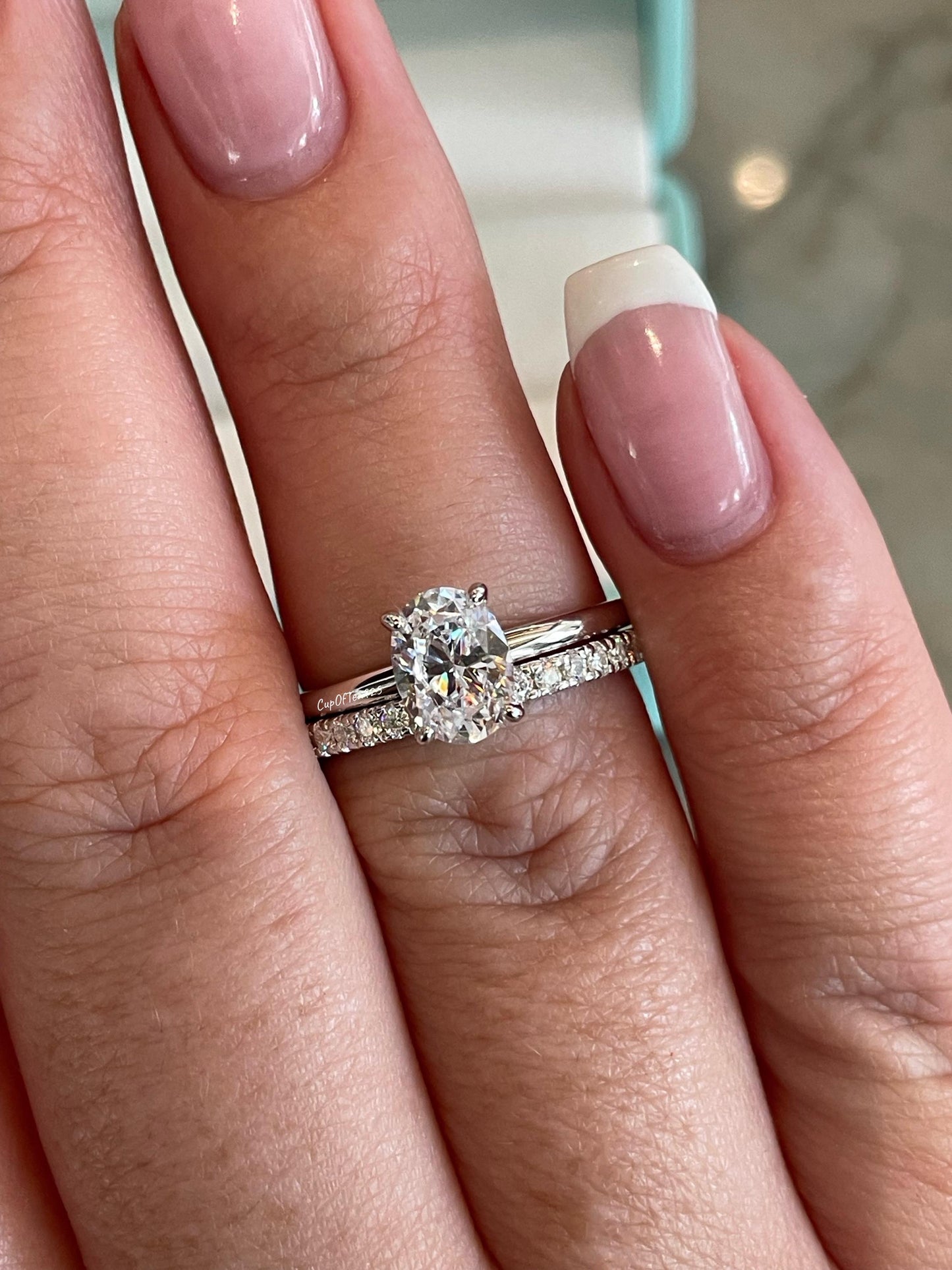 Moissanite engagement ring set. Sterling Silver 925 bridal set with 1.5CT oval cut moissanite or CZ diamonds.