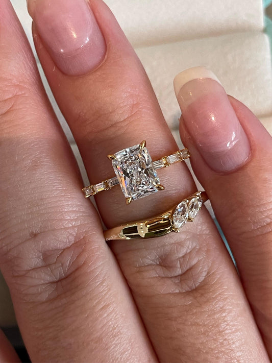 Yellow gold vermeil, Sterling silver 925 bridal set with 2CT radiant cut simulated Diamond engagement ring and curved wedding band.