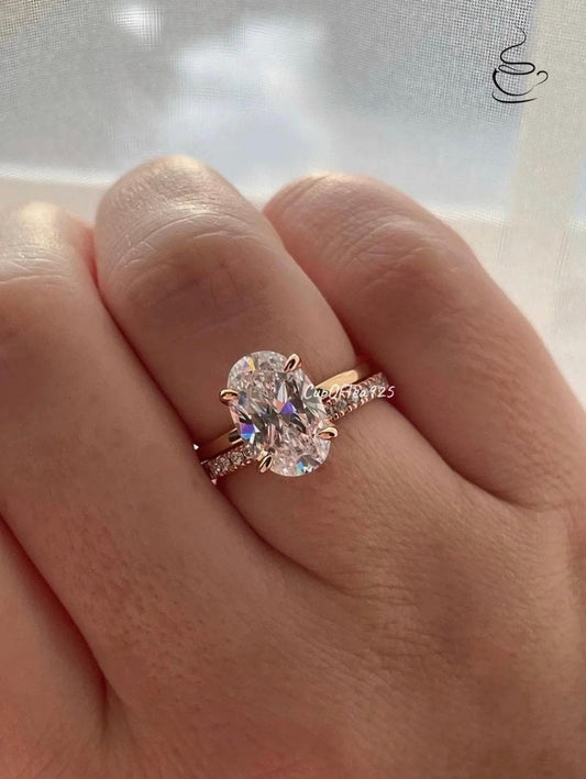 Yellow gold vermeil, rose gold vermeil,silver 925 engagement ring set with 2.5CT, 3.5CT oval cut with hidden halo & moissanite wedding band