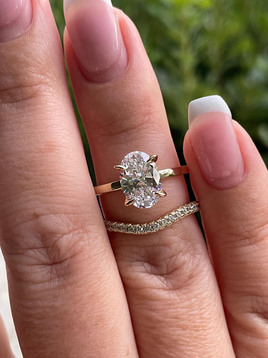 Yellow gold vermeil, Sterling silver 925 engagement ring set with 2.5CT oval cut simulated diamond and curved wedding band