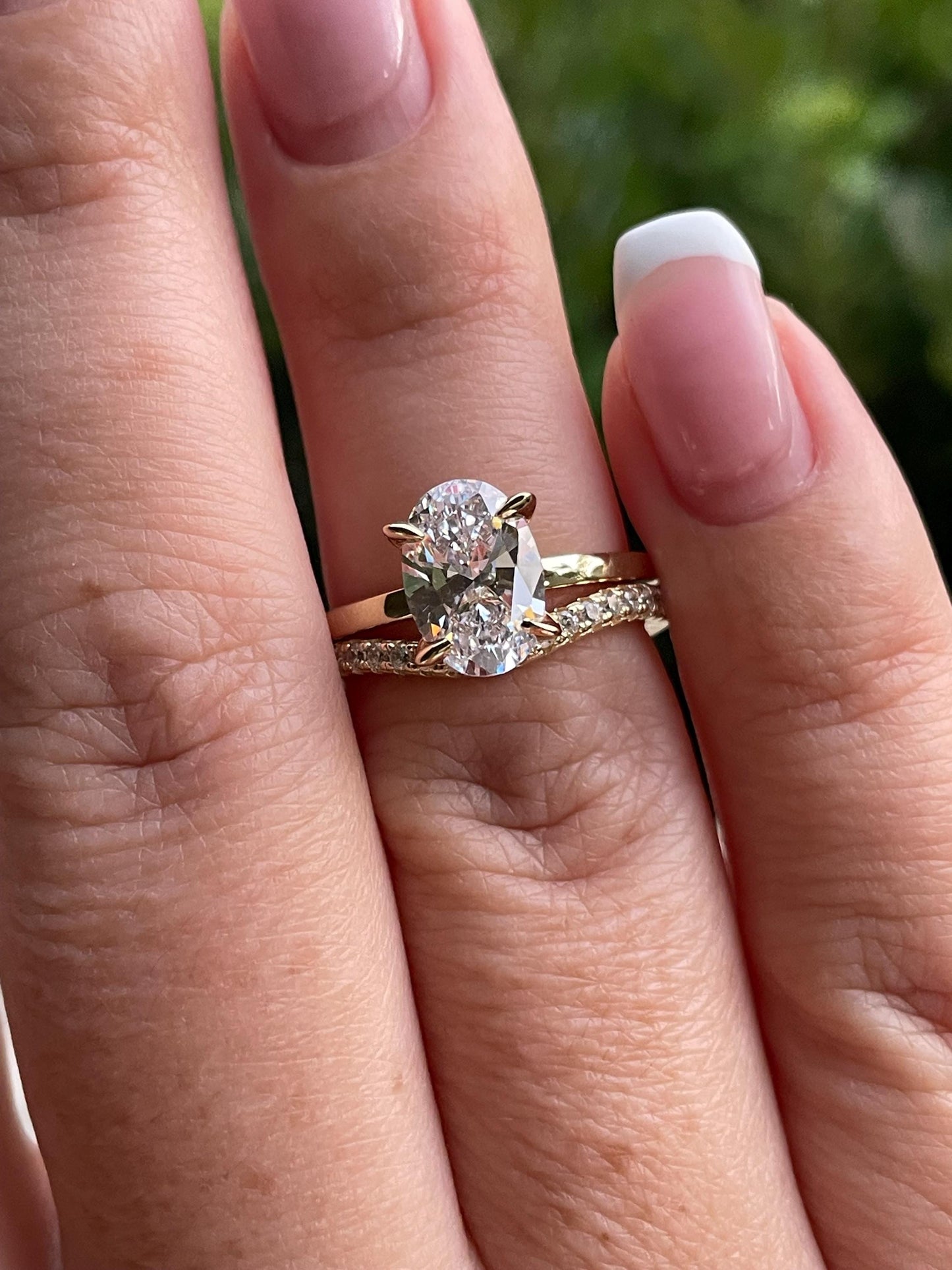 Yellow gold vermeil, Sterling silver 925 engagement ring set with 2.5CT oval cut simulated diamond and curved wedding band