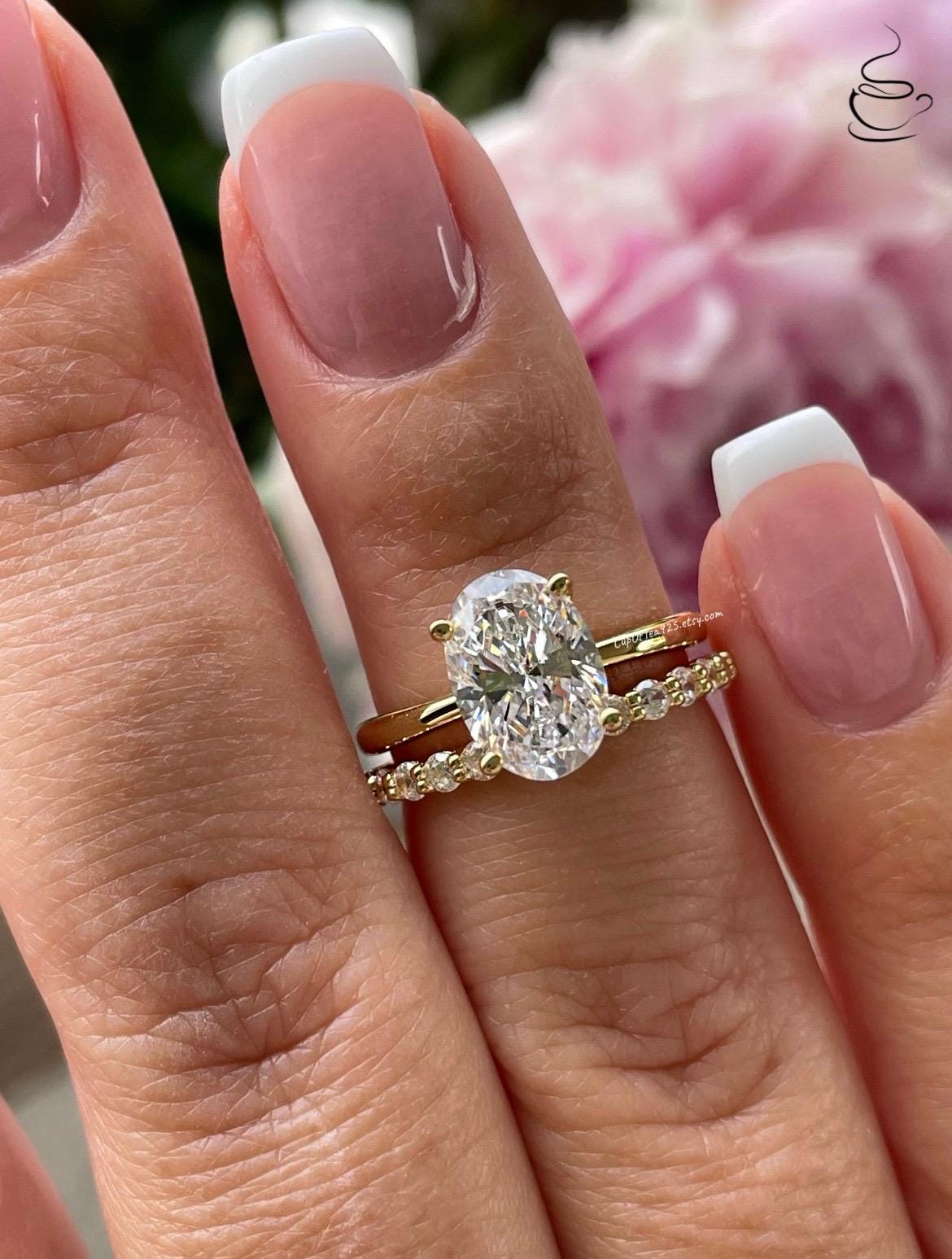 Yellow Gold Vermeil, Sterling Silver 925 bridal set with 3.5CT or 2.5CT oval cut Solitare engagement ring and half eternity band