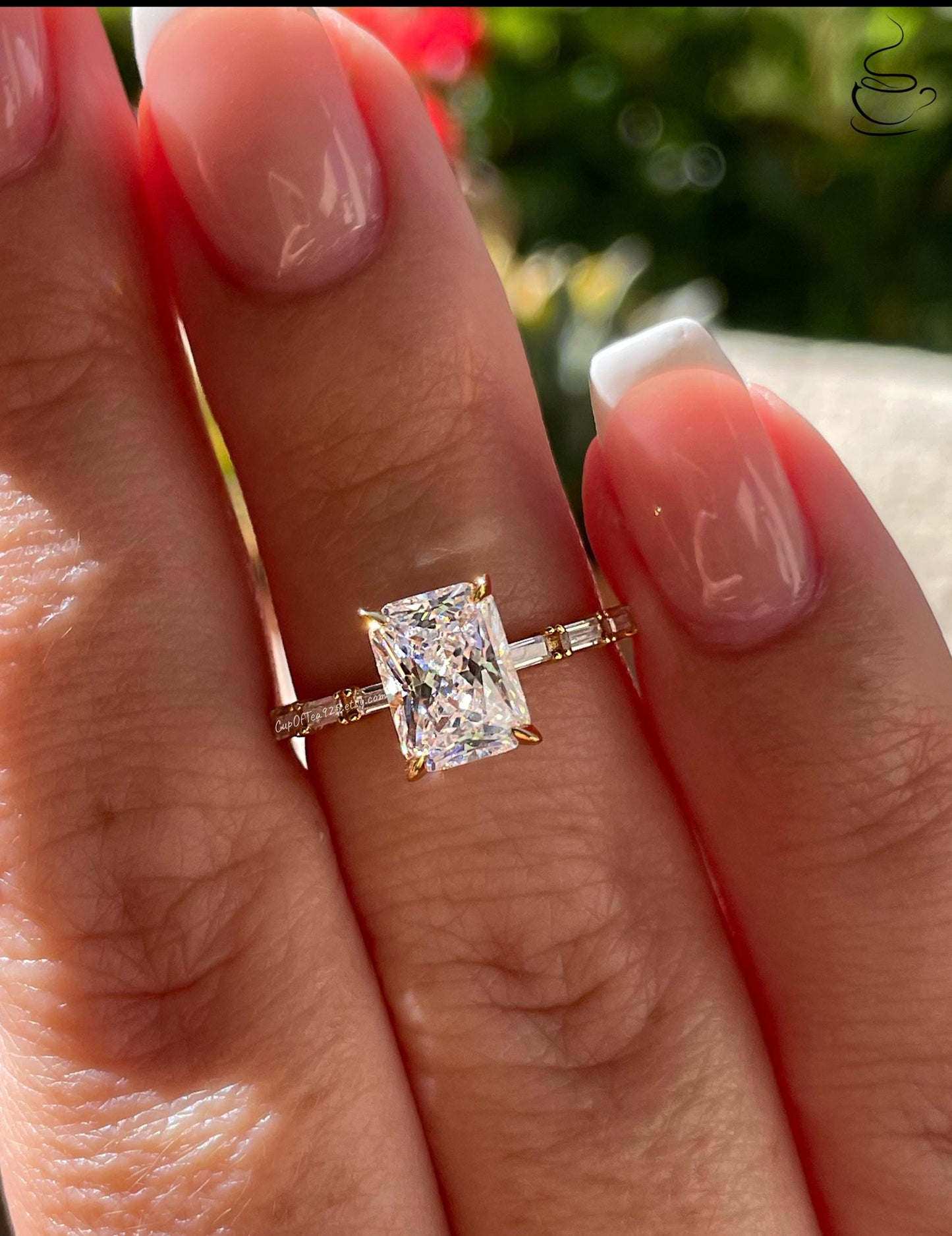 Sterling Silver 925 engagement ring with 2 carat radiant cut simulated diamond, yellow gold vermeil radiant cut engagement ring