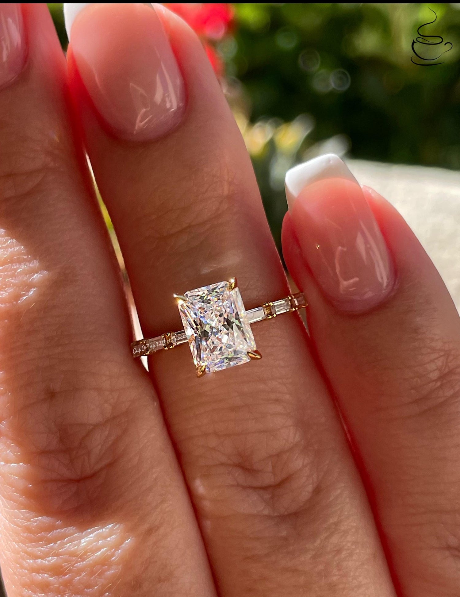 Sterling Silver 925 engagement ring with 2 carat radiant cut simulated diamond, yellow gold vermeil radiant cut engagement ring