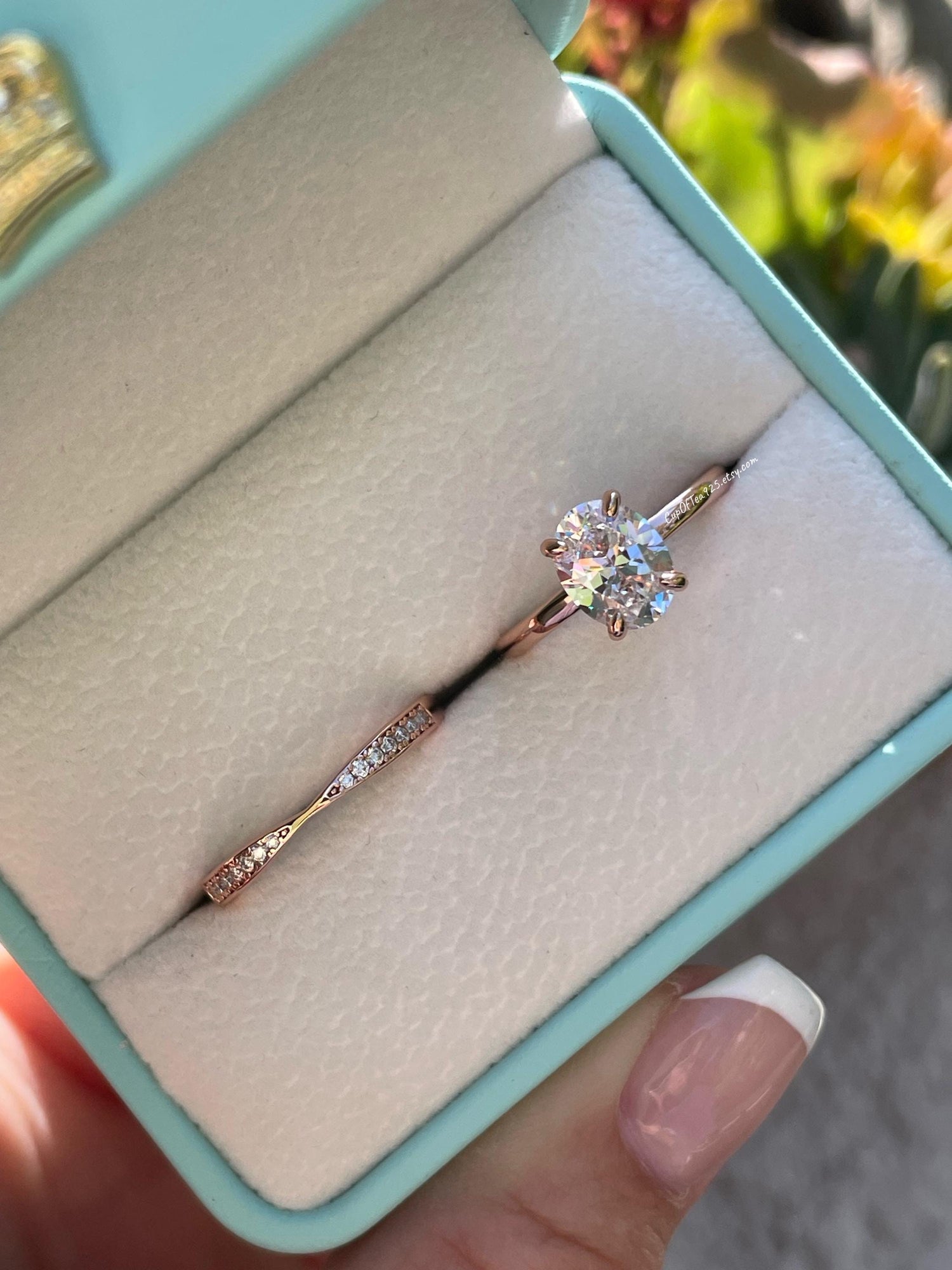 Rose gold over sterling silver 925 engagement ring bridal set with 2CT oval cut moissanite and bow tie moissanite band, proposal ring