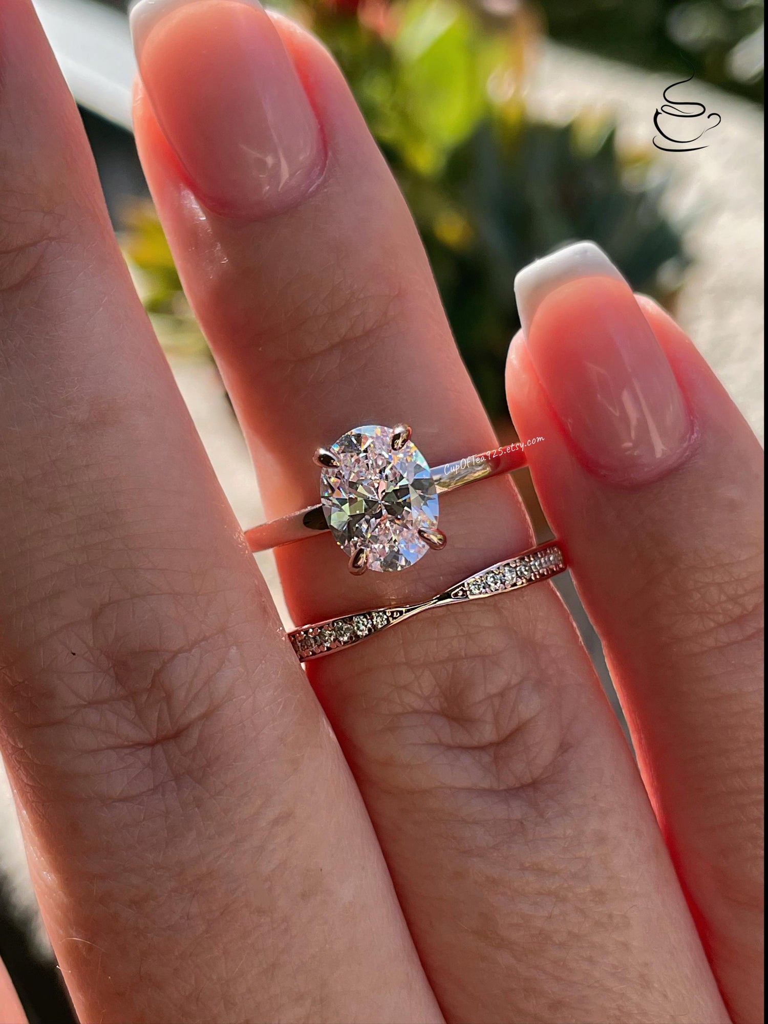 Rose gold over sterling silver 925 engagement ring bridal set with 2CT oval cut moissanite and bow tie moissanite band, proposal ring