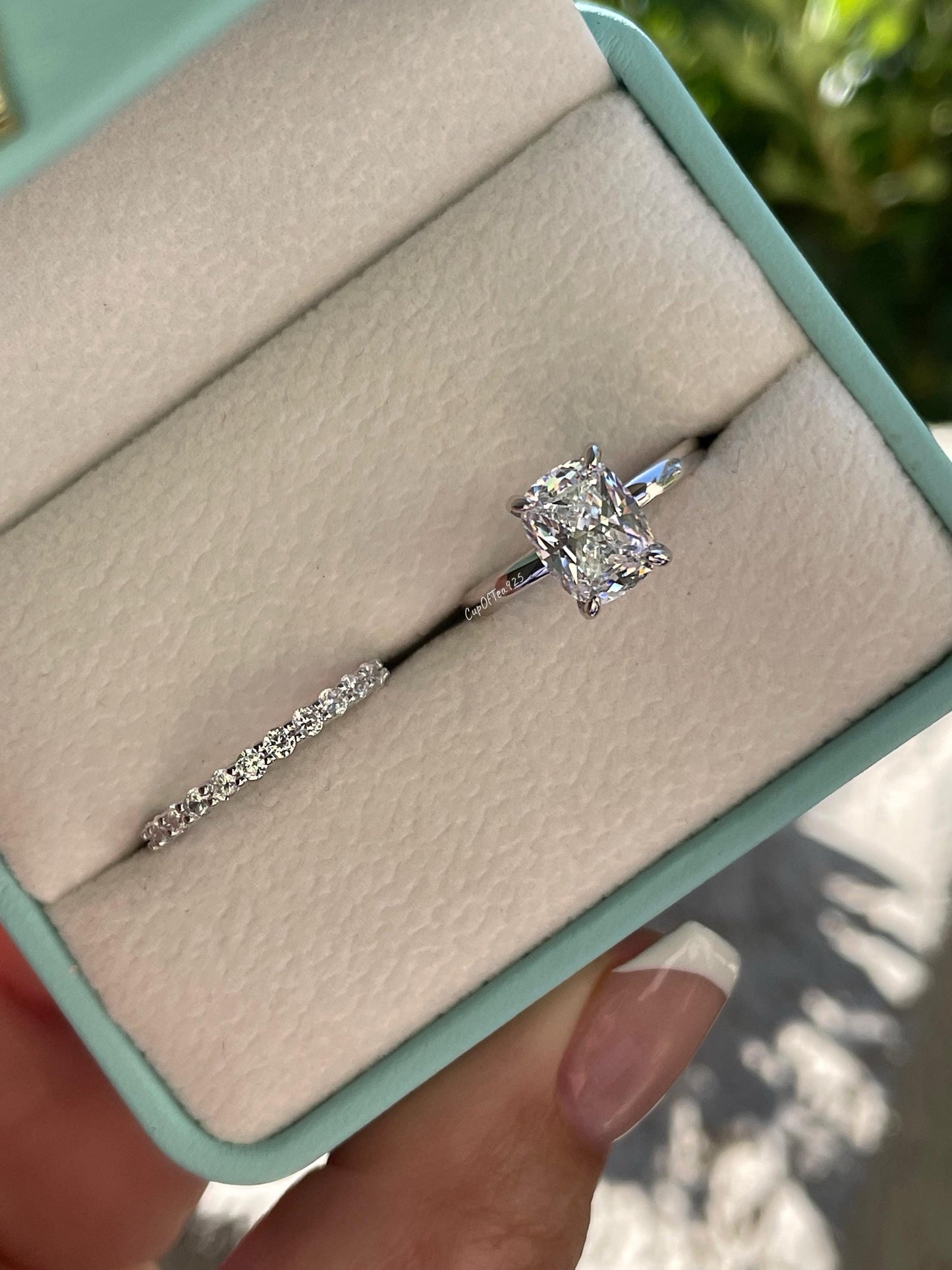 Sterling Silver 925, Yellow gold vermeil Bridal Set with 2.5 Elongated Simulated Diamond Cushion Cut engagement ring and half eternity band.