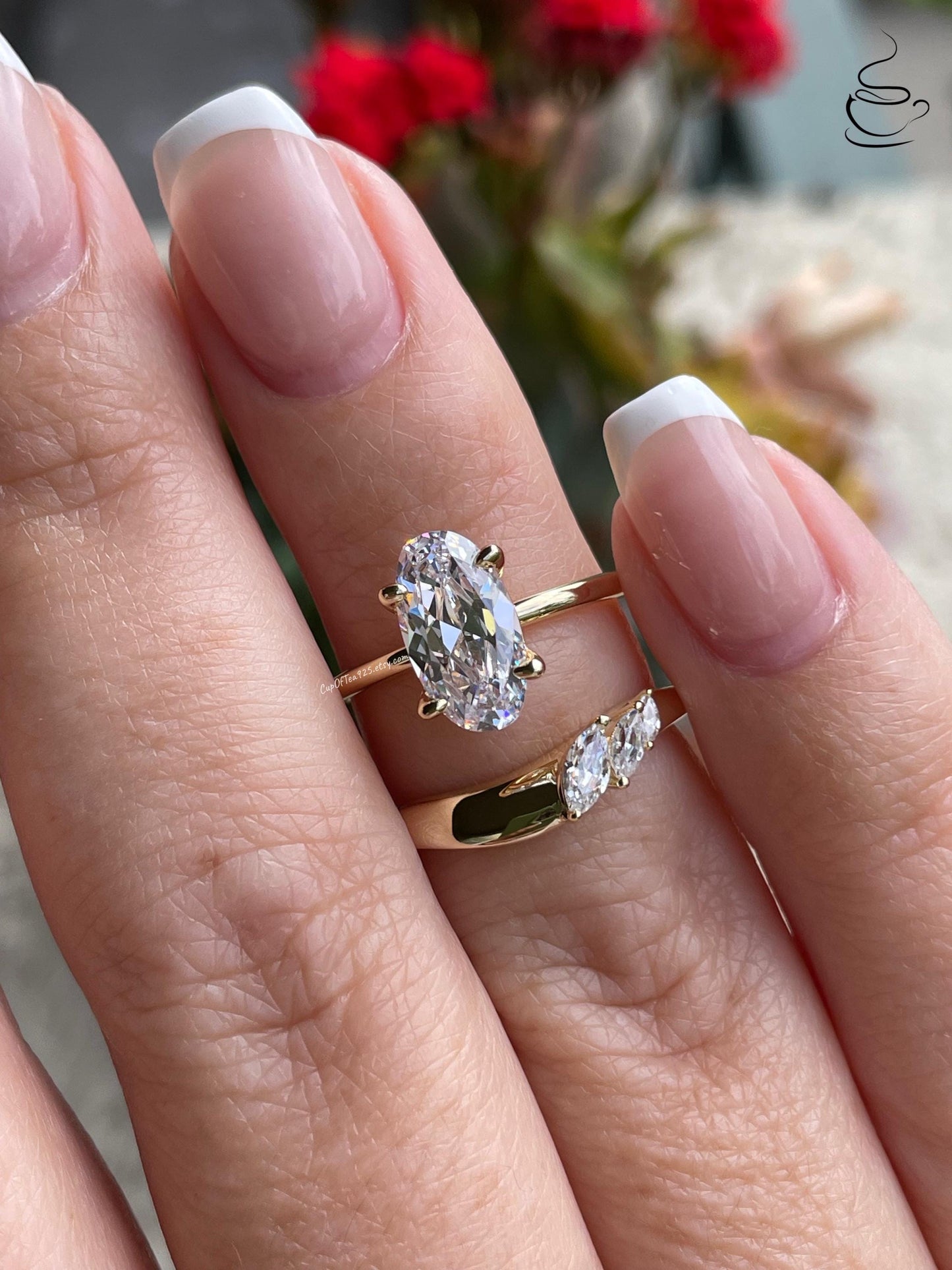 NewIn! Yellow gold, rose gold over sterling silver 925, bridal set with 2.25CT skinny oval cut CZ diamond & curved band, engagement ring set