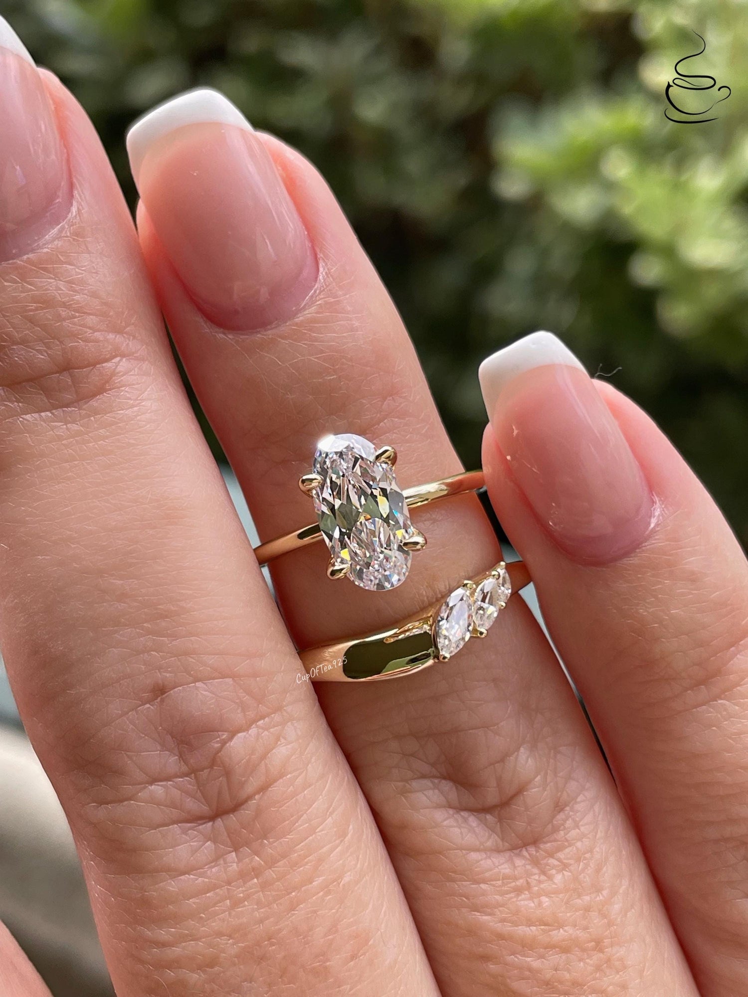 NewIn! Yellow gold, rose gold over sterling silver 925, bridal set with 2.25CT skinny oval cut CZ diamond & curved band, engagement ring set