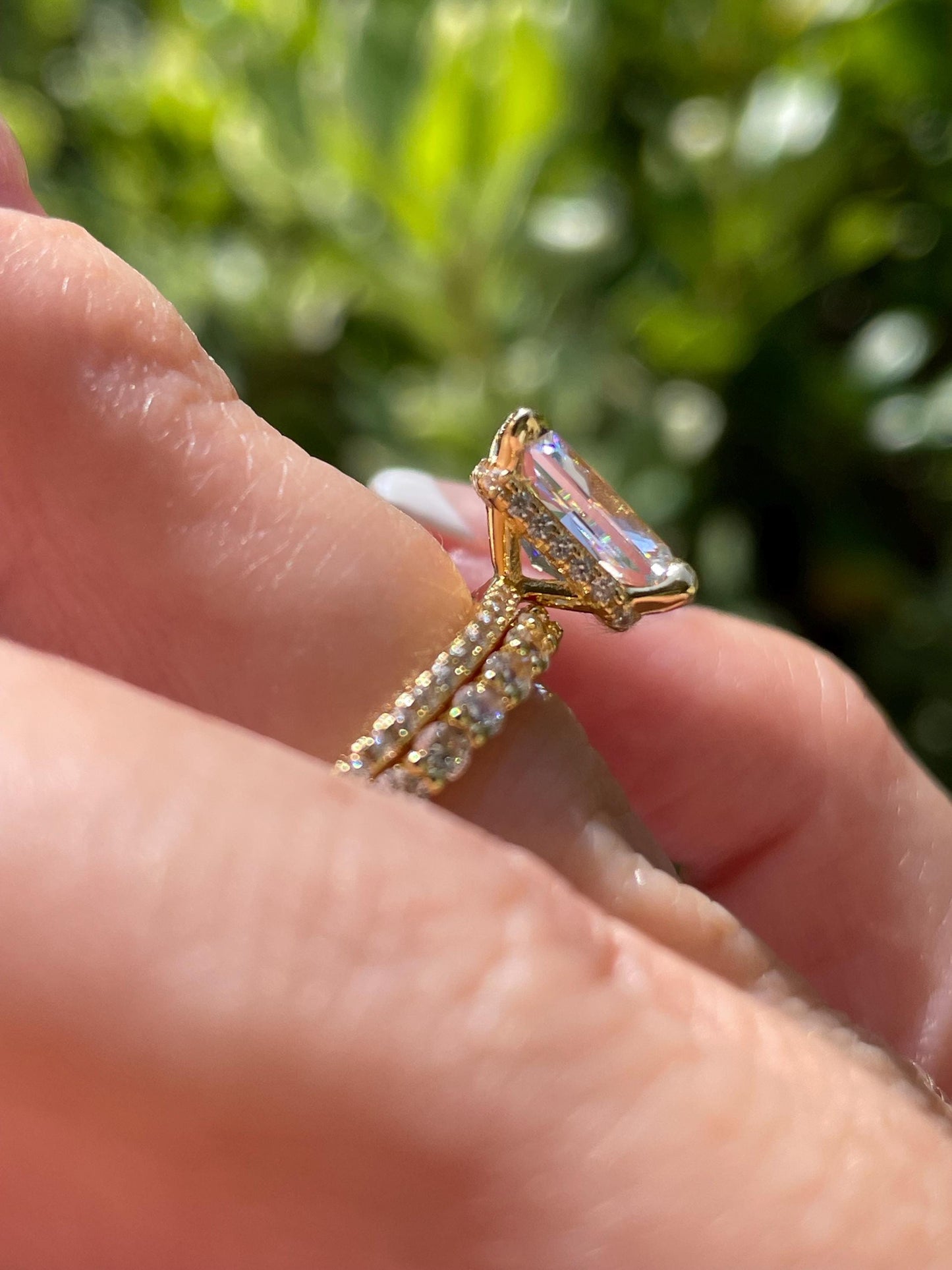 Radiant Cut CZ Engagement Ring Set: Sterling Silver, Yellow Gold Vermeil, Hidden Halo