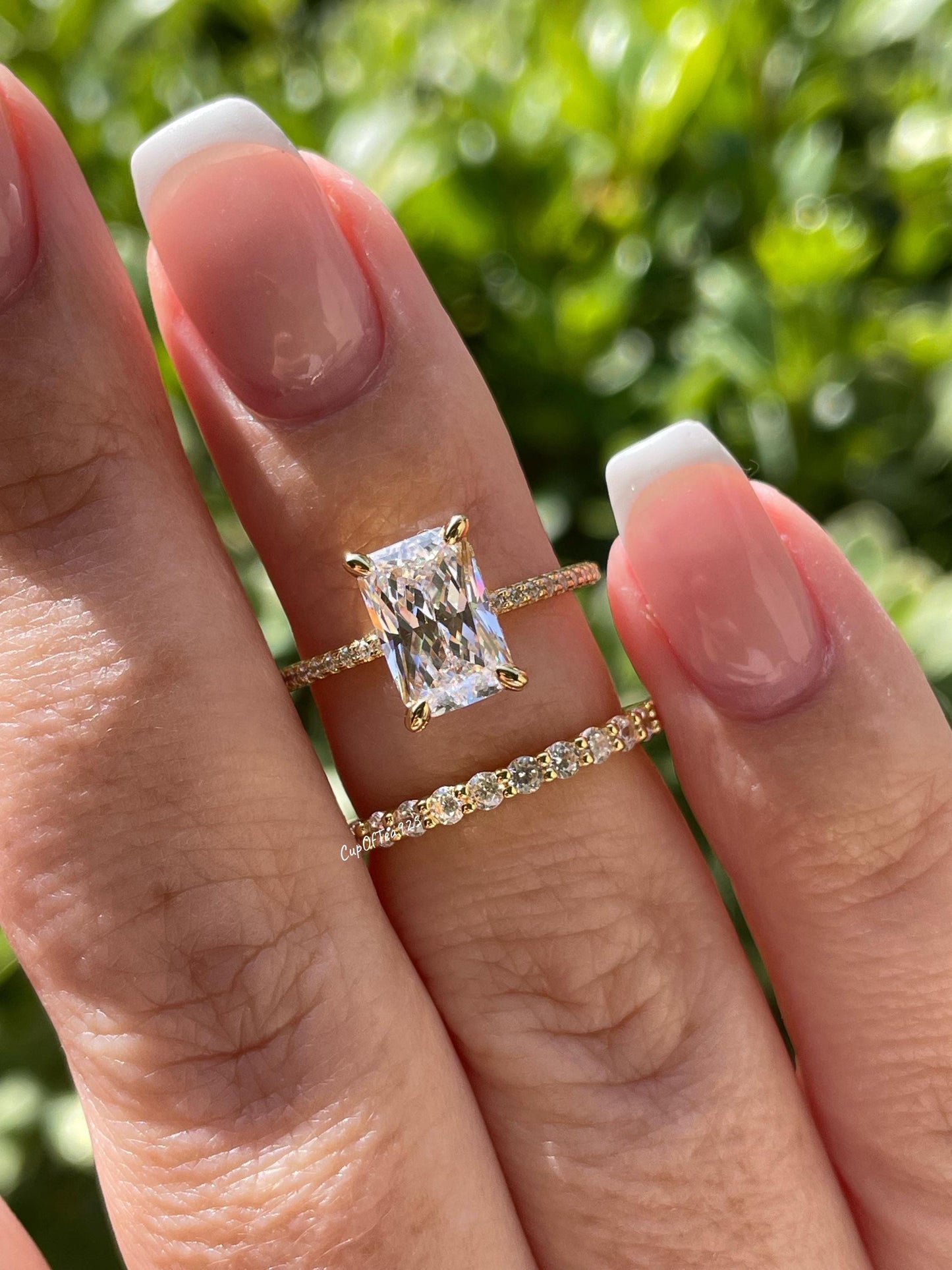 Radiant Cut CZ Engagement Ring Set: Sterling Silver, Yellow Gold Vermeil, Hidden Halo