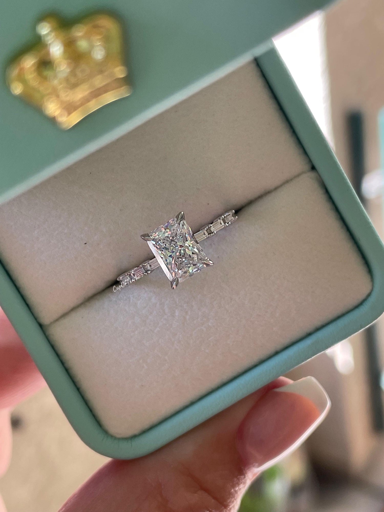 Sterling Silver 925 engagement ring with 2 carat radiant cut simulated diamond, yellow gold vermeil radiant cut engagement ring