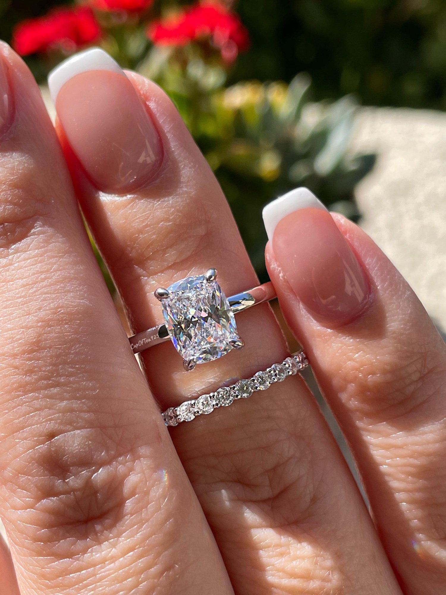 Sterling Silver 925, Yellow gold vermeil Bridal Set with 2.5 Elongated Simulated Diamond Cushion Cut engagement ring and half eternity band.