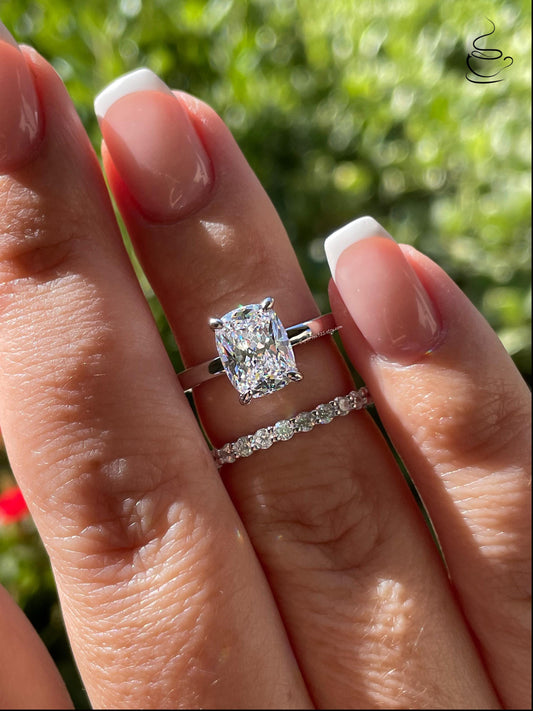 Sterling Silver 925, Yellow gold vermeil Bridal Set with 2.5 Elongated Simulated Diamond Cushion Cut engagement ring and half eternity band.